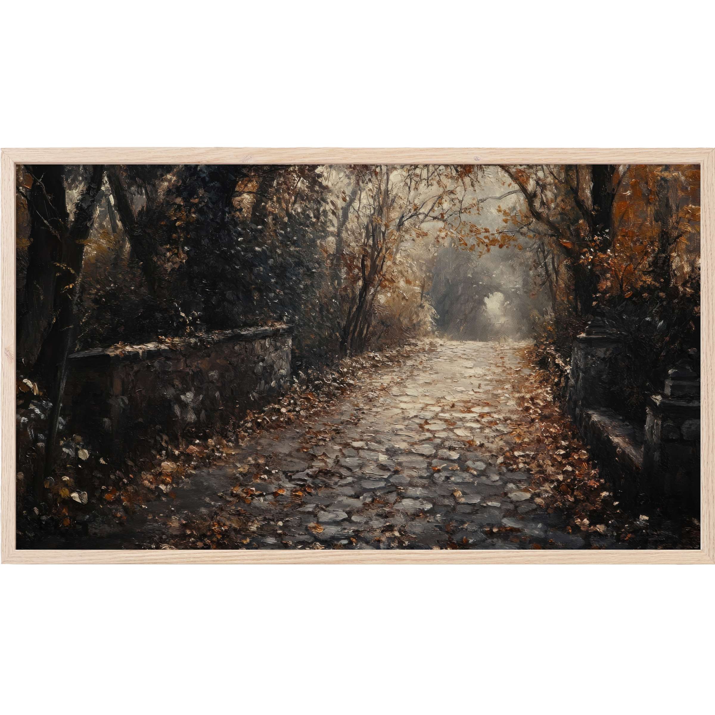 Fall Frame TV Art depicts a serene, textured autumn path in muted earth tones with soft light and rich shadows