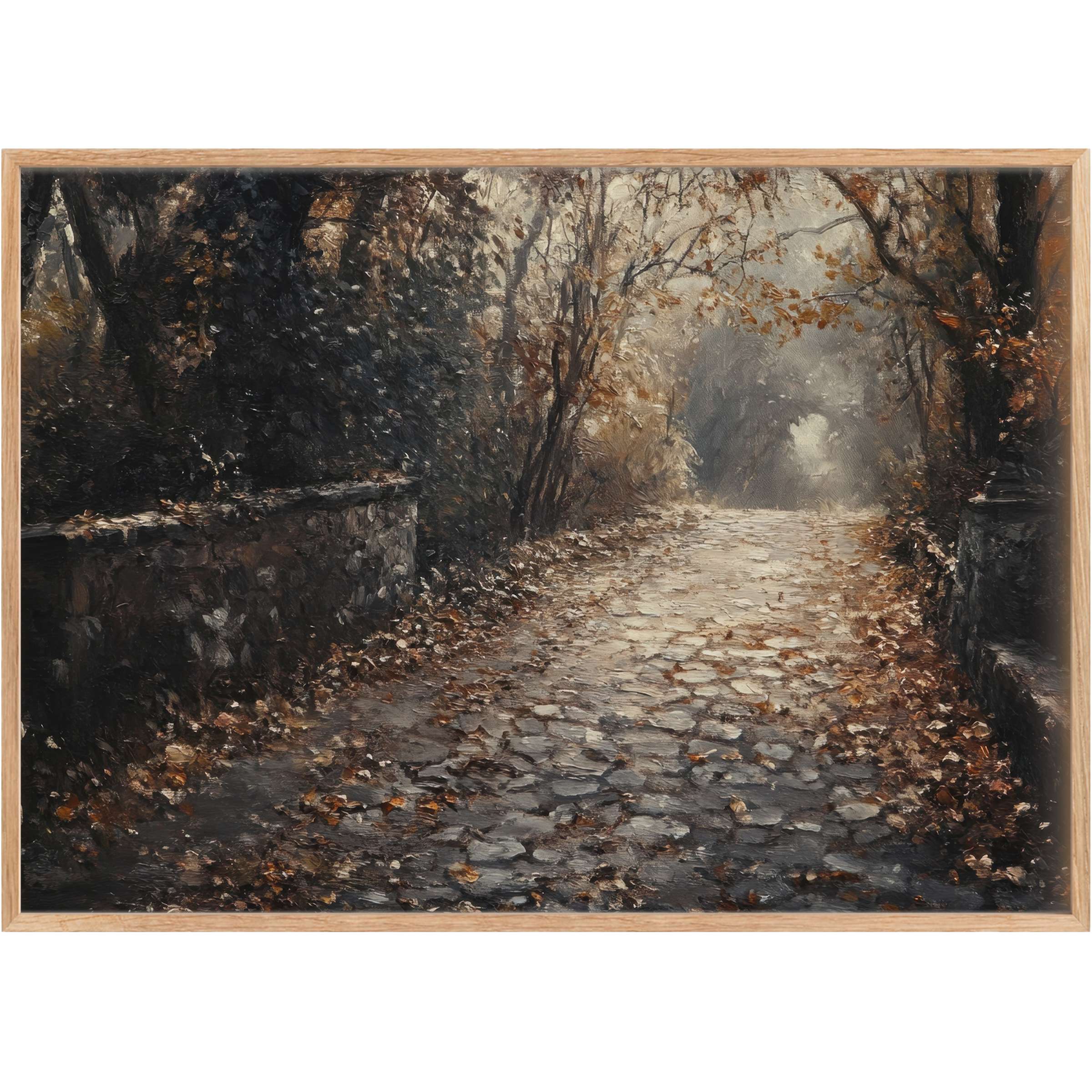 Serene fall printable wall art capturing a misty cobblestone path framed by amber and charcoal foliage, evoking calm autumnal elegance
