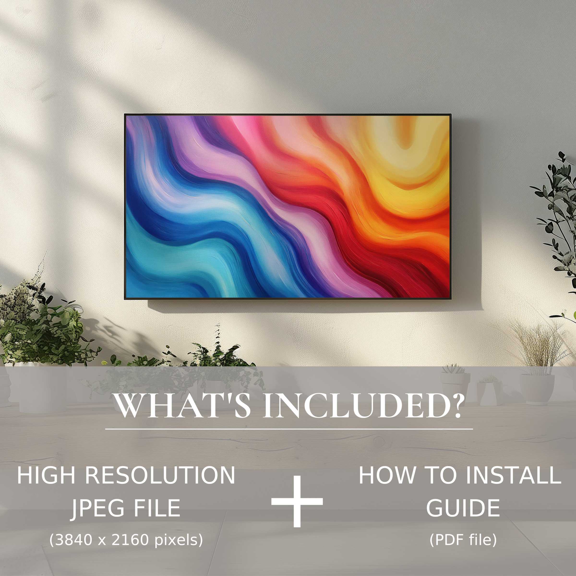 Modern living room with vibrant abstract digital TV art download, easy digital use enhances stylish ambiance