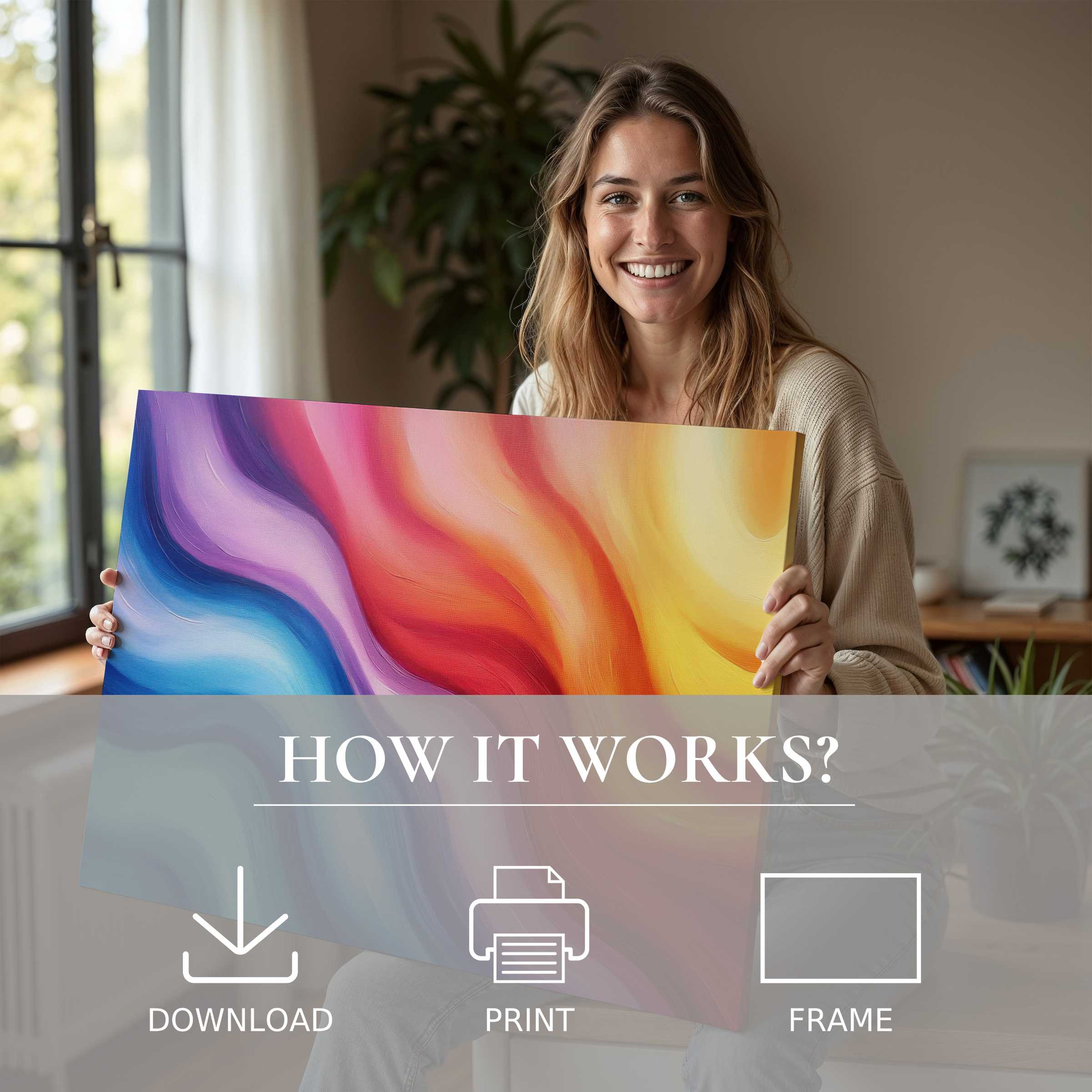 A radiant moment of connection and joy in modern living, highlighting an abstract digital art print’s vibrant flow and effortless elegance