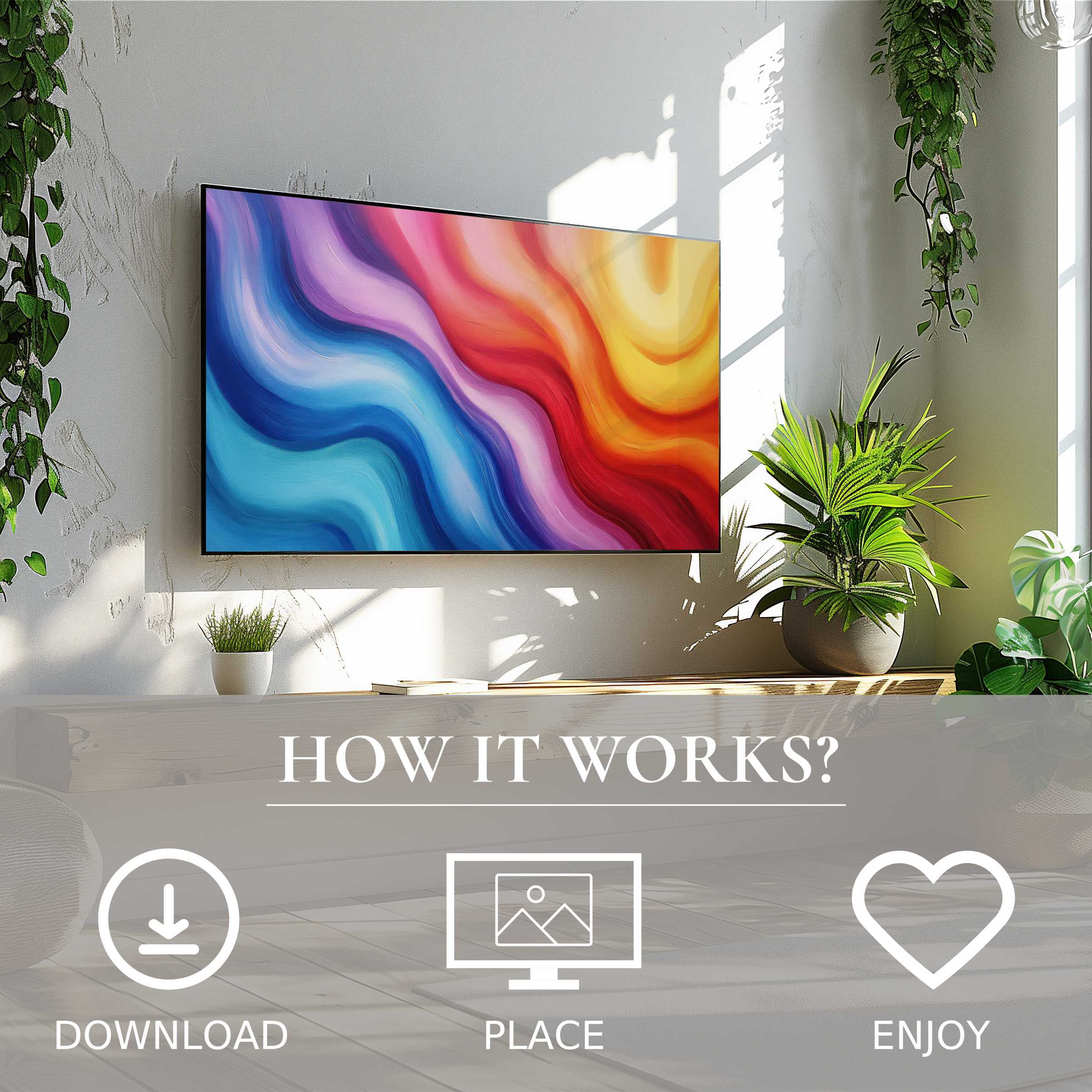 Modern living room with abstract art for Samsung TV in flowing sunset tones, easy digital download enhances decor