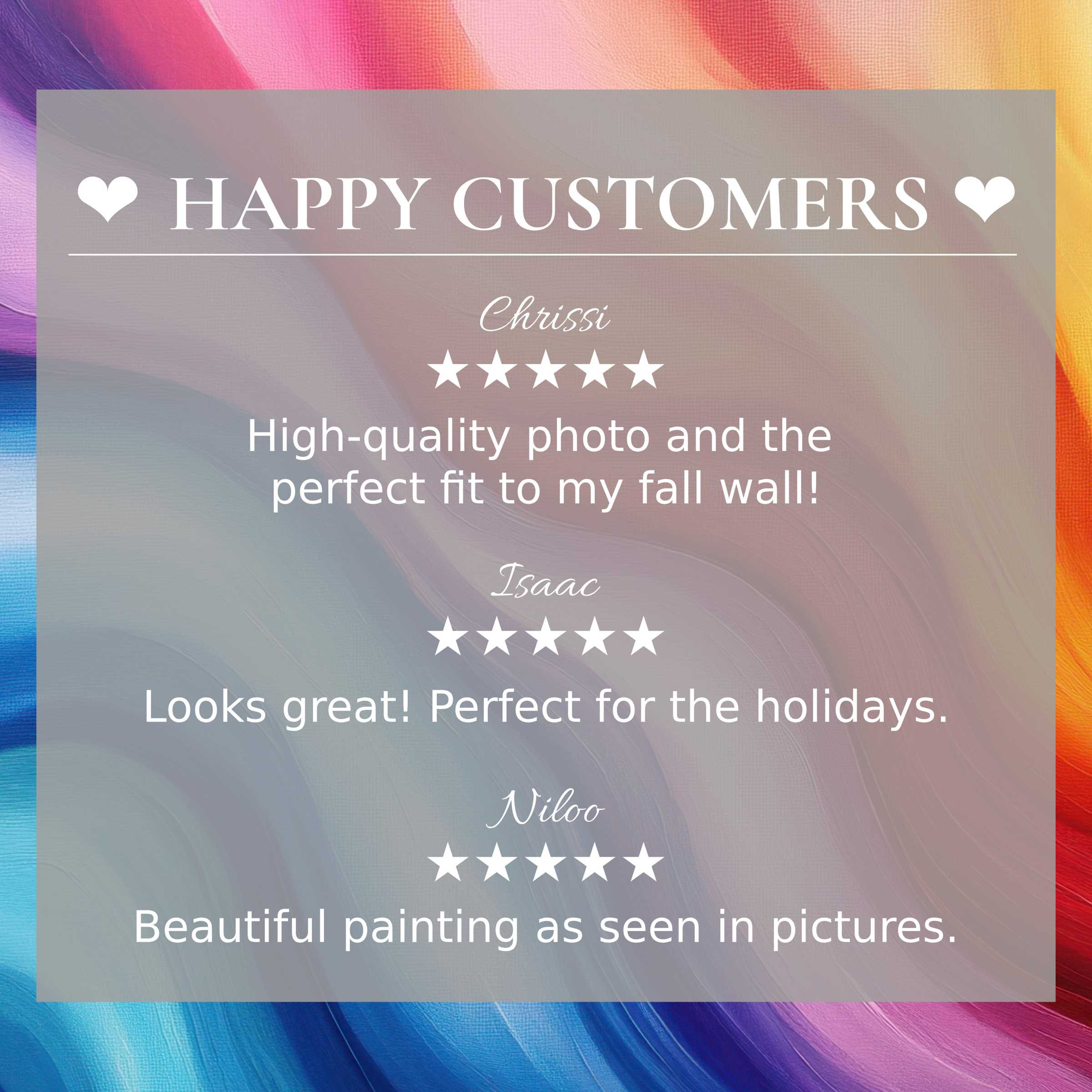 Abstract art for Frame TV with vibrant sunset hues; layout highlights happy customer reviews and an elegant aesthetic