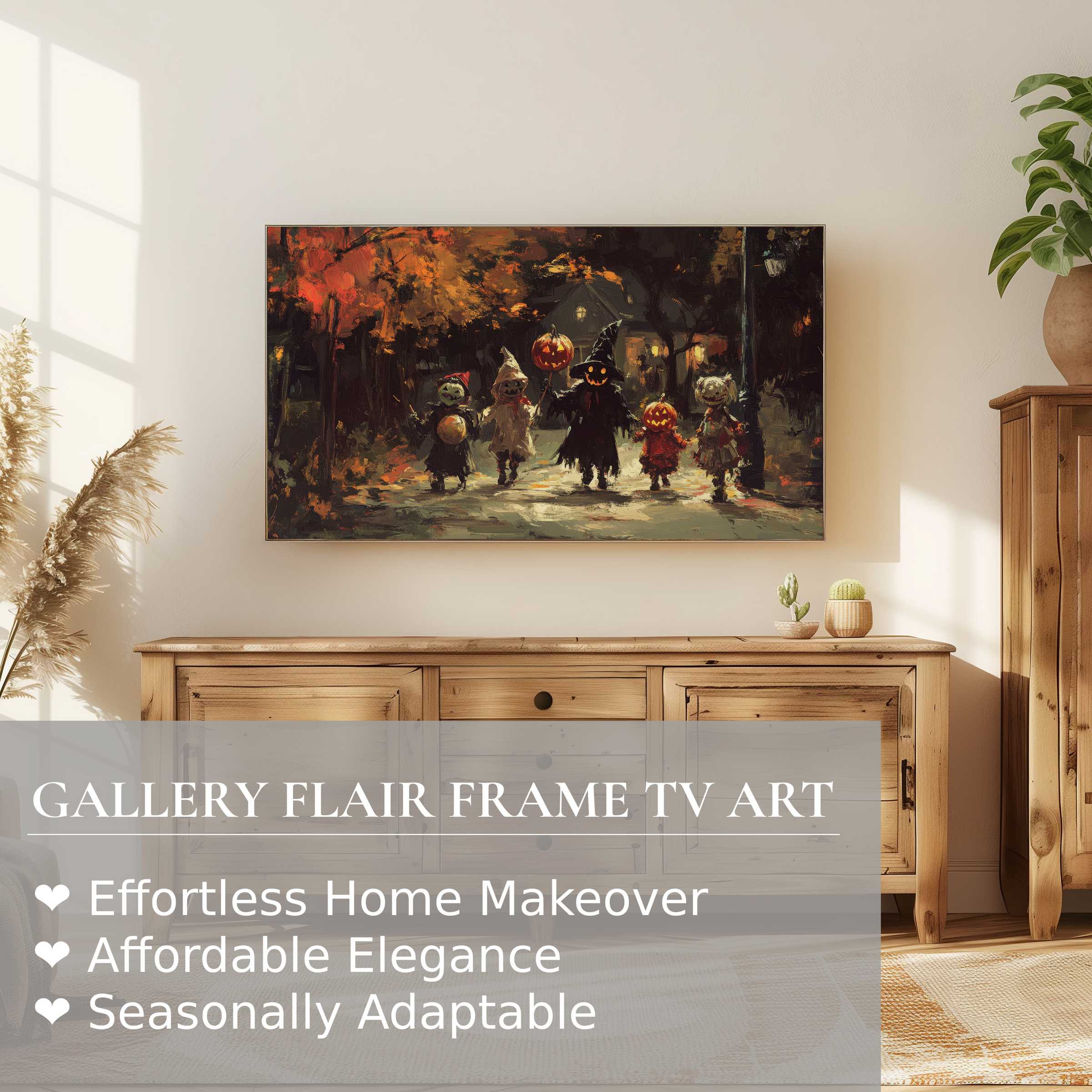 Samsung Frame TV showcases elegant, moody halloween digital artwork in a cozy, refined living space setting