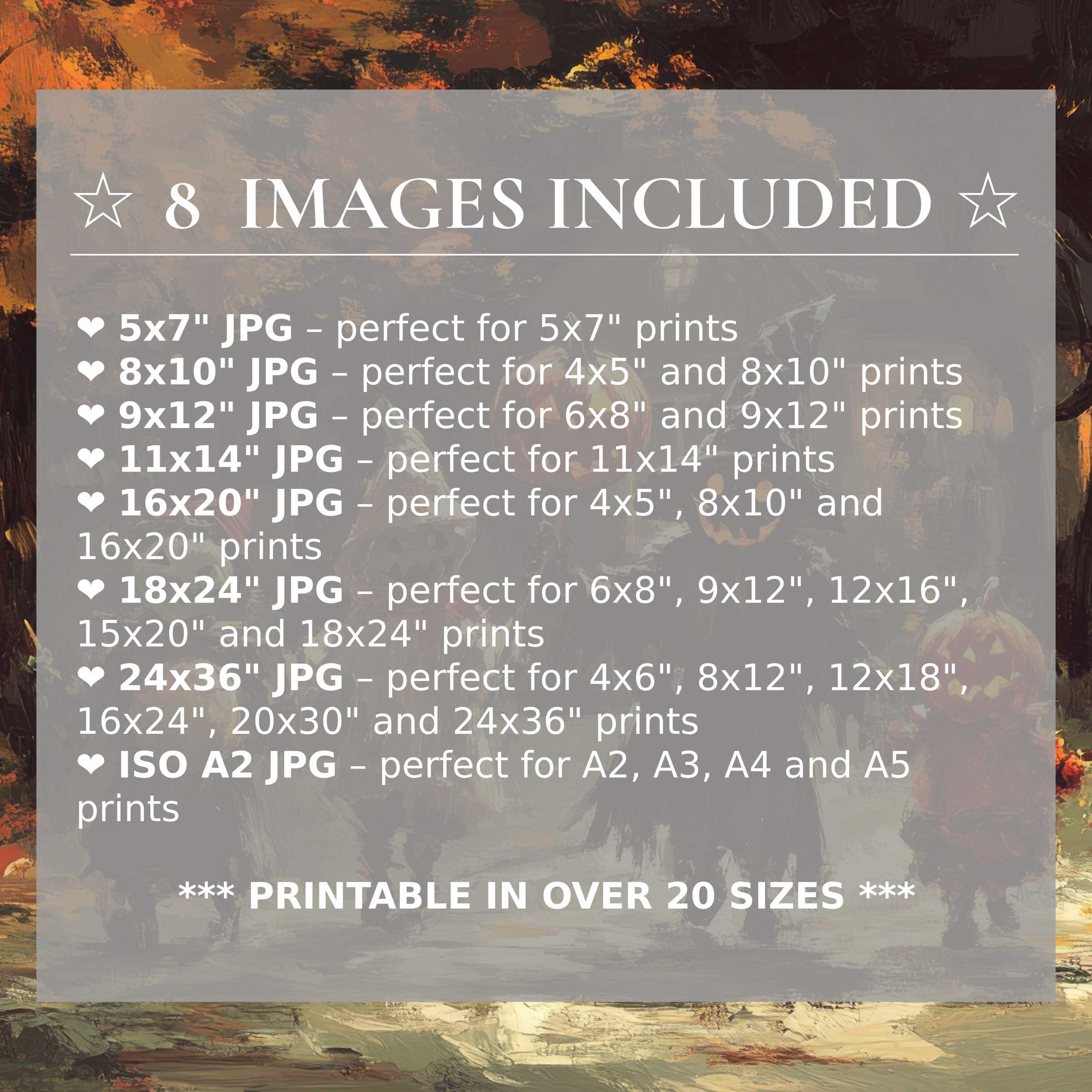 Halloween digital print featuring radiant amber and deep charcoal hues, delivering bold, versatile sophistication in 8 high-quality sizes included
