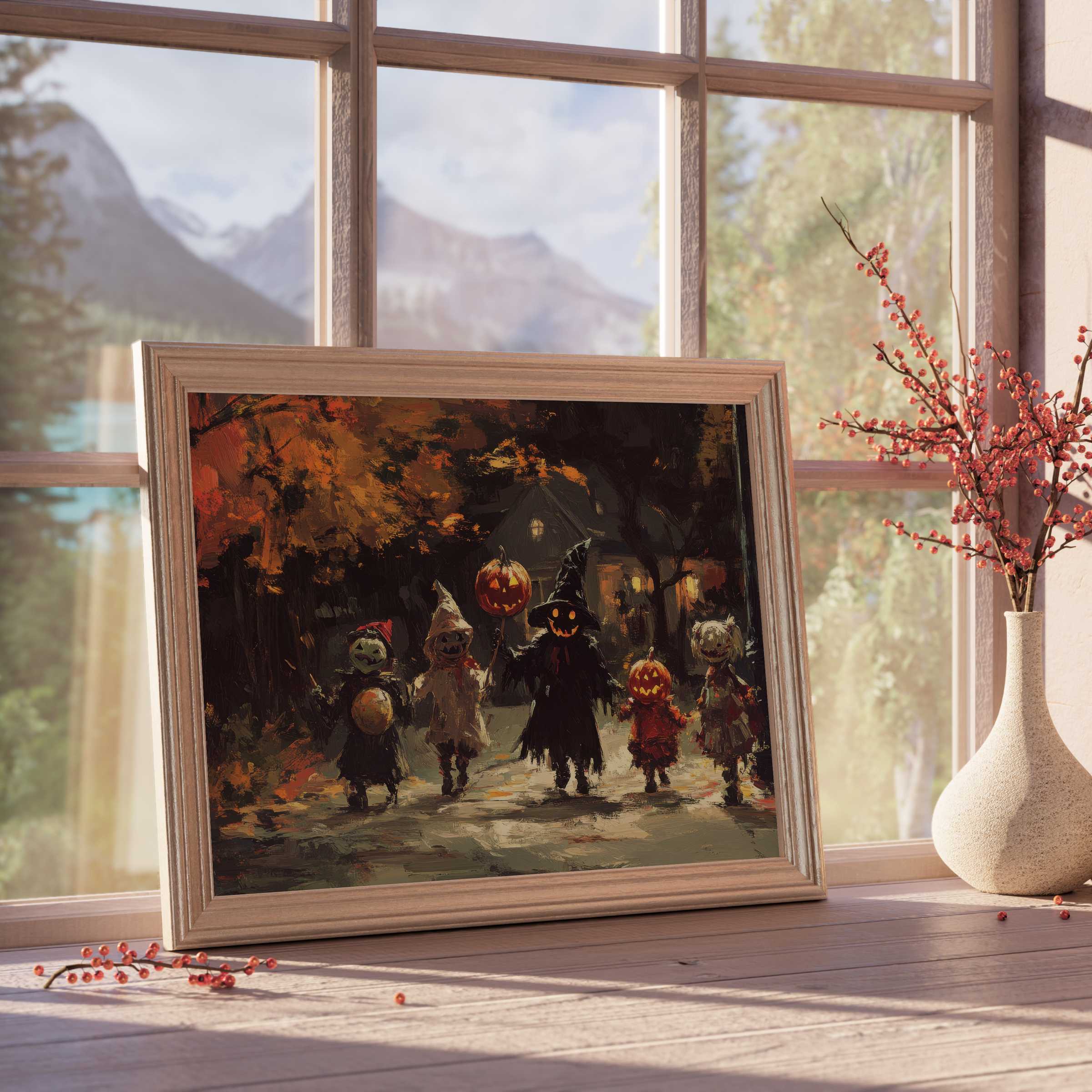 Halloween downloadable art featuring whimsical characters under amber autumn trees, enriching curated interiors with warm, moody charm
