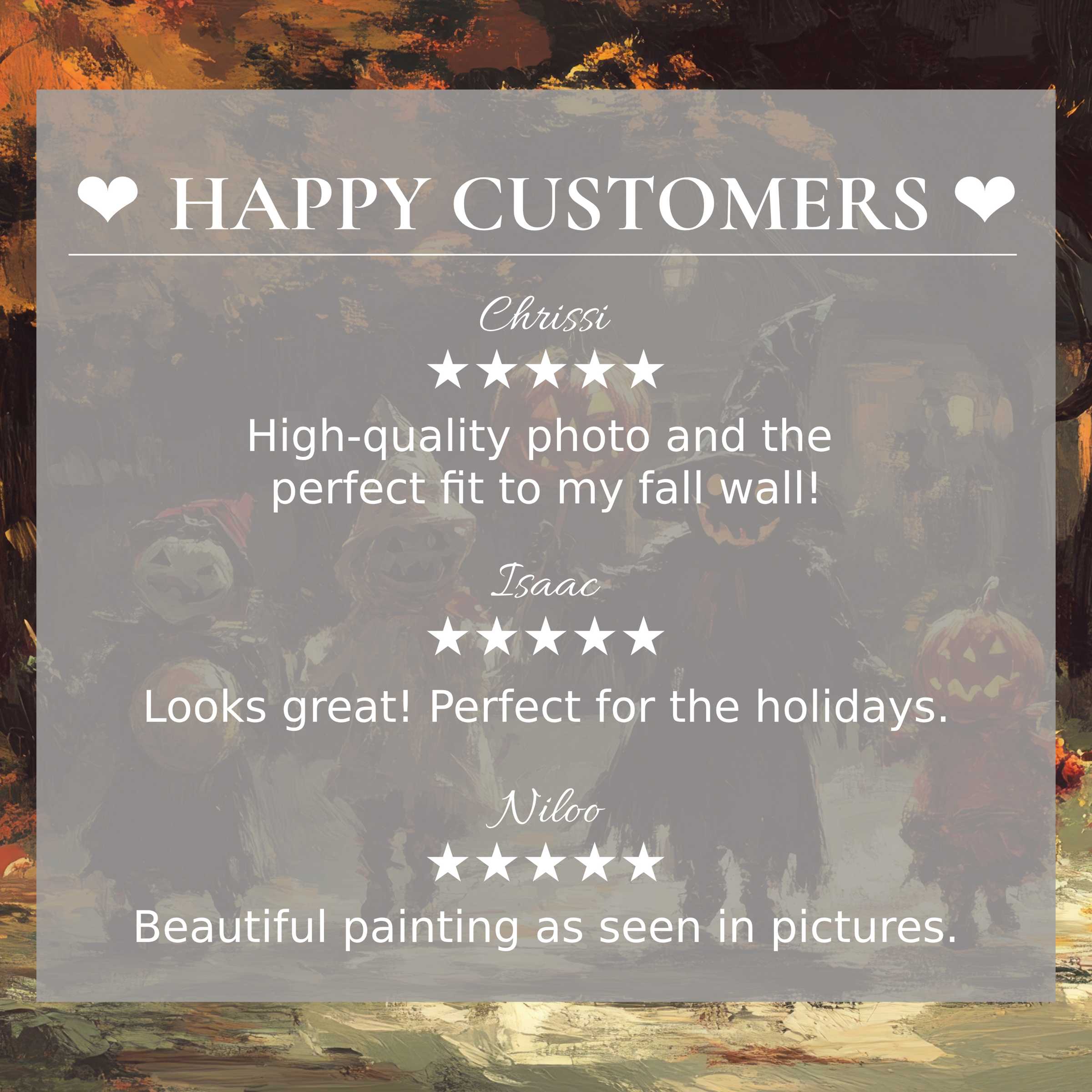 Happy customer reviews highlight elegant halloween art for Frame TV with warm, abstract sunset colors in background