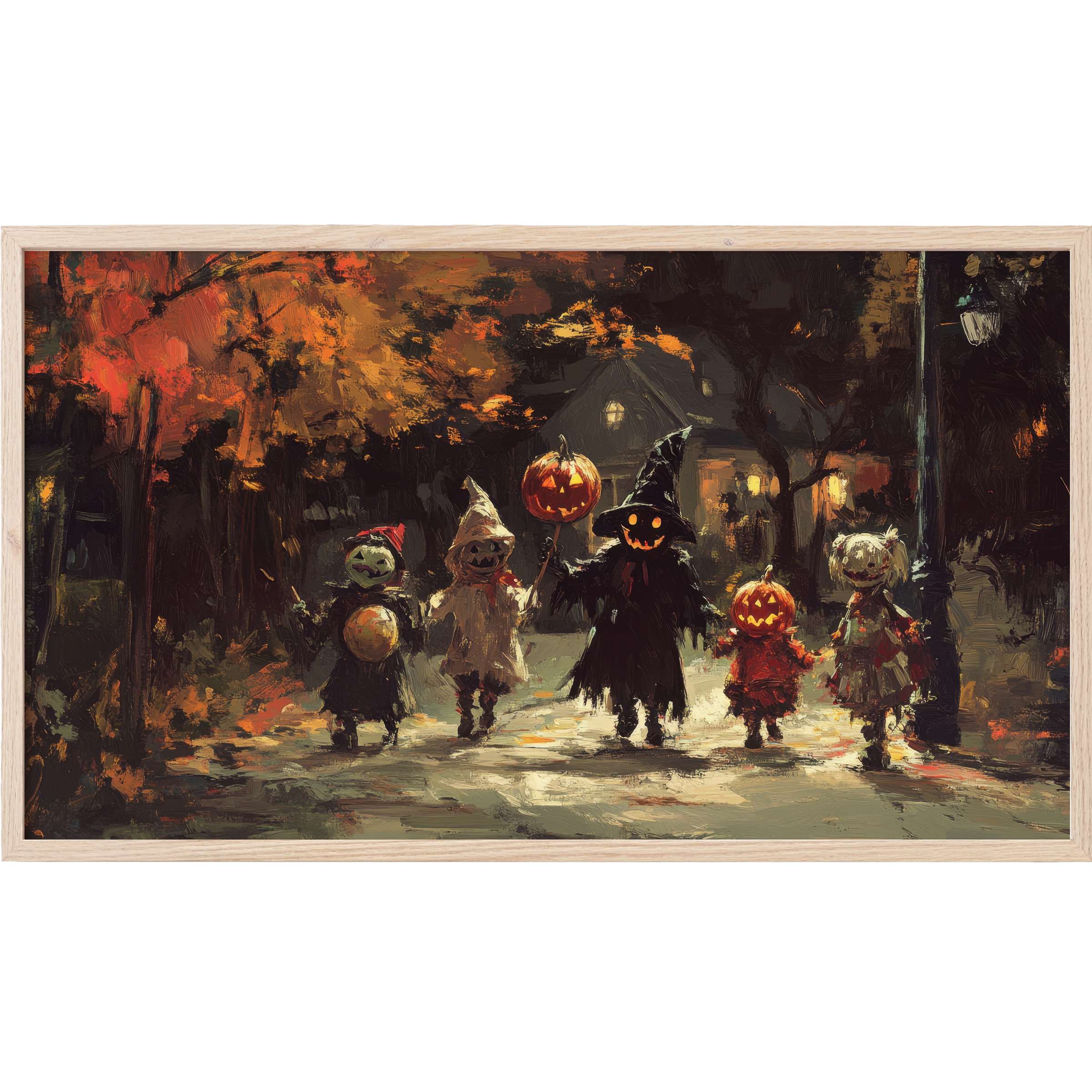 Halloween Frame TV Art of children in eerie costumes with pumpkins, painted in rich autumn hues and textured brushstrokes