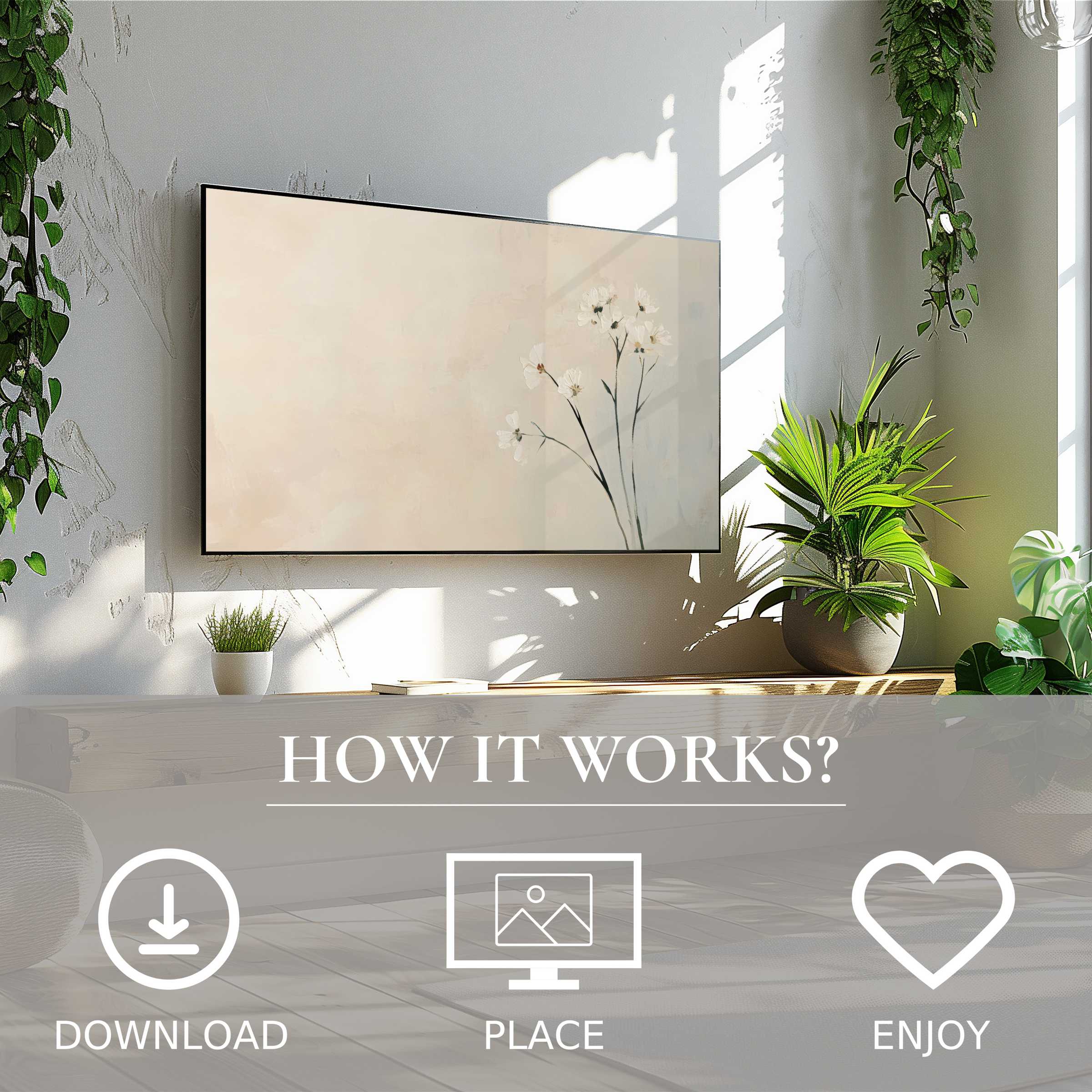 Floral art for Samsung TV: digital download with soft cream tones and delicate flowers enriches modern living spaces