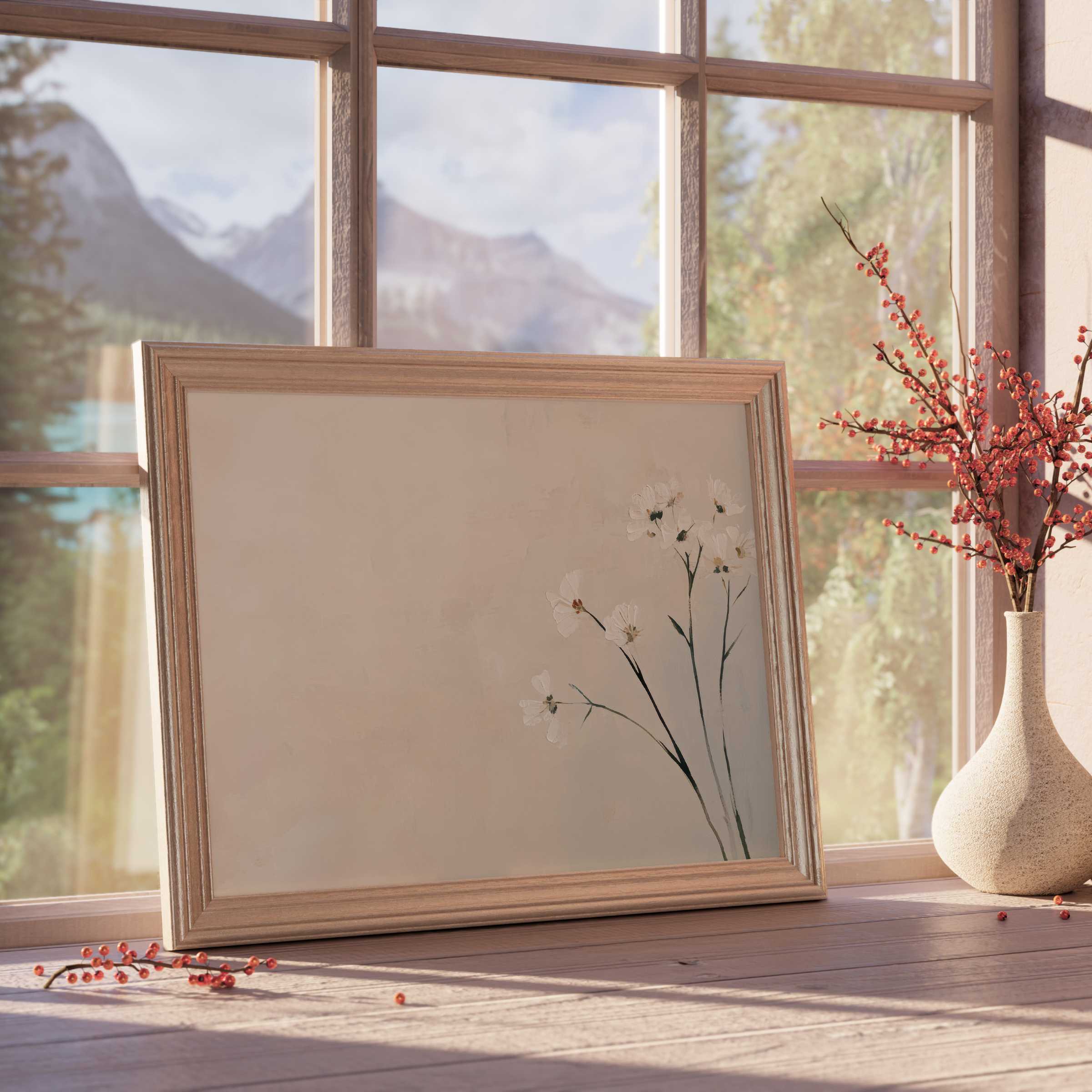 Delicate floral downloadable art with soft white blossoms and natural wood frame, elevating serene, curated interiors