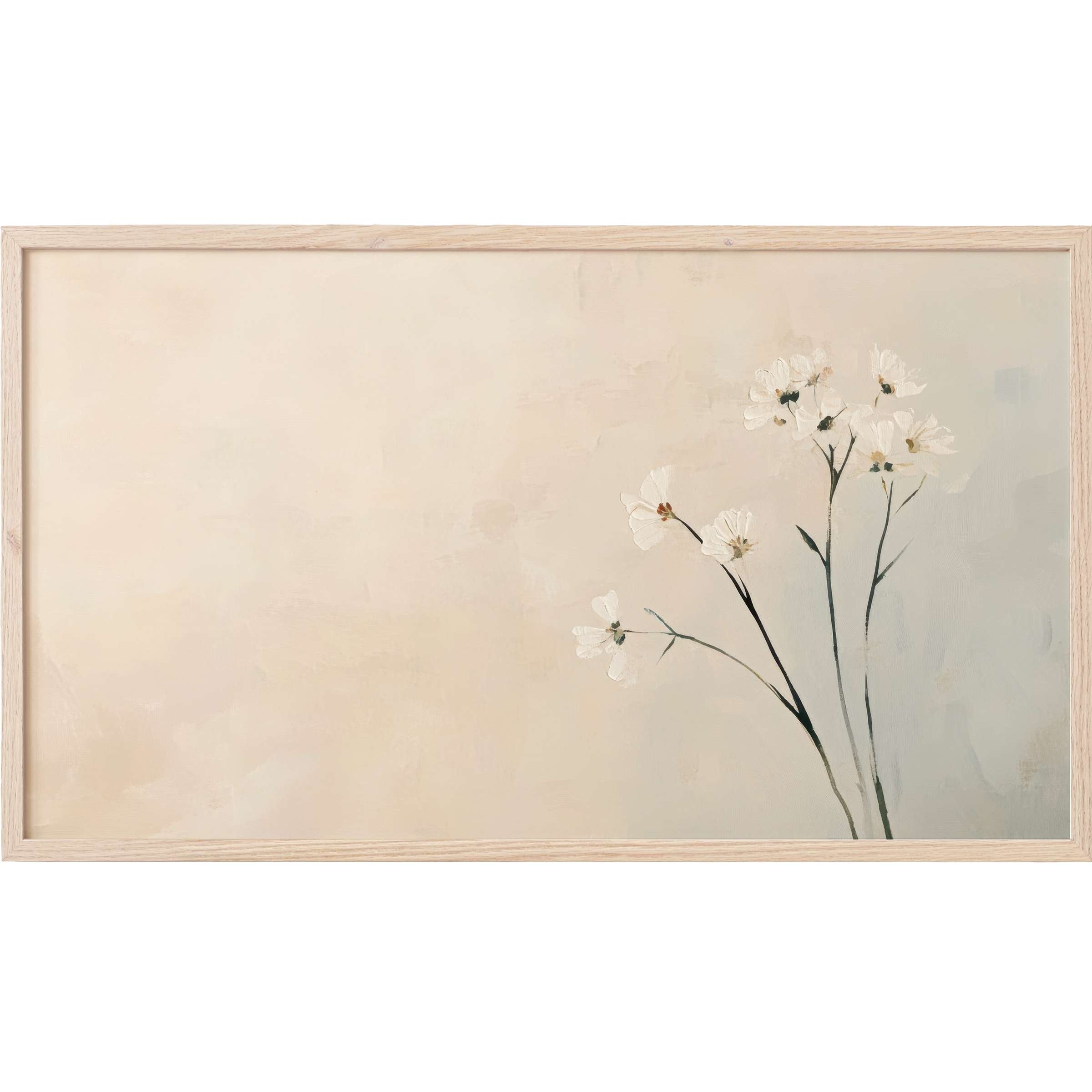 Floral Frame TV Art features delicate white blooms on slender stems in soft beige and muted gray tones