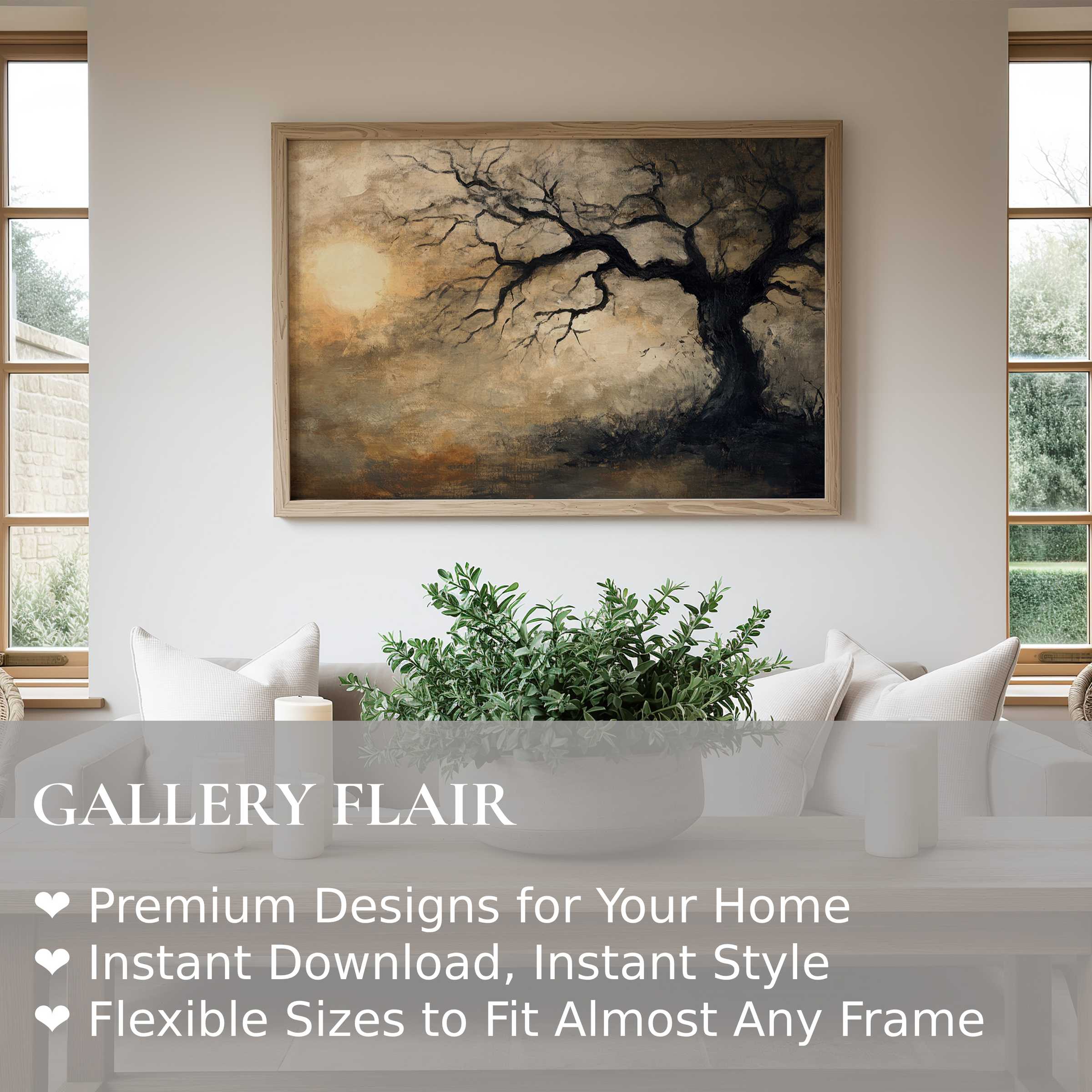 Elegant tree wall art print with moody sunset hues, enhancing serene modern interiors with bold, calming ambiance and natural sophistication