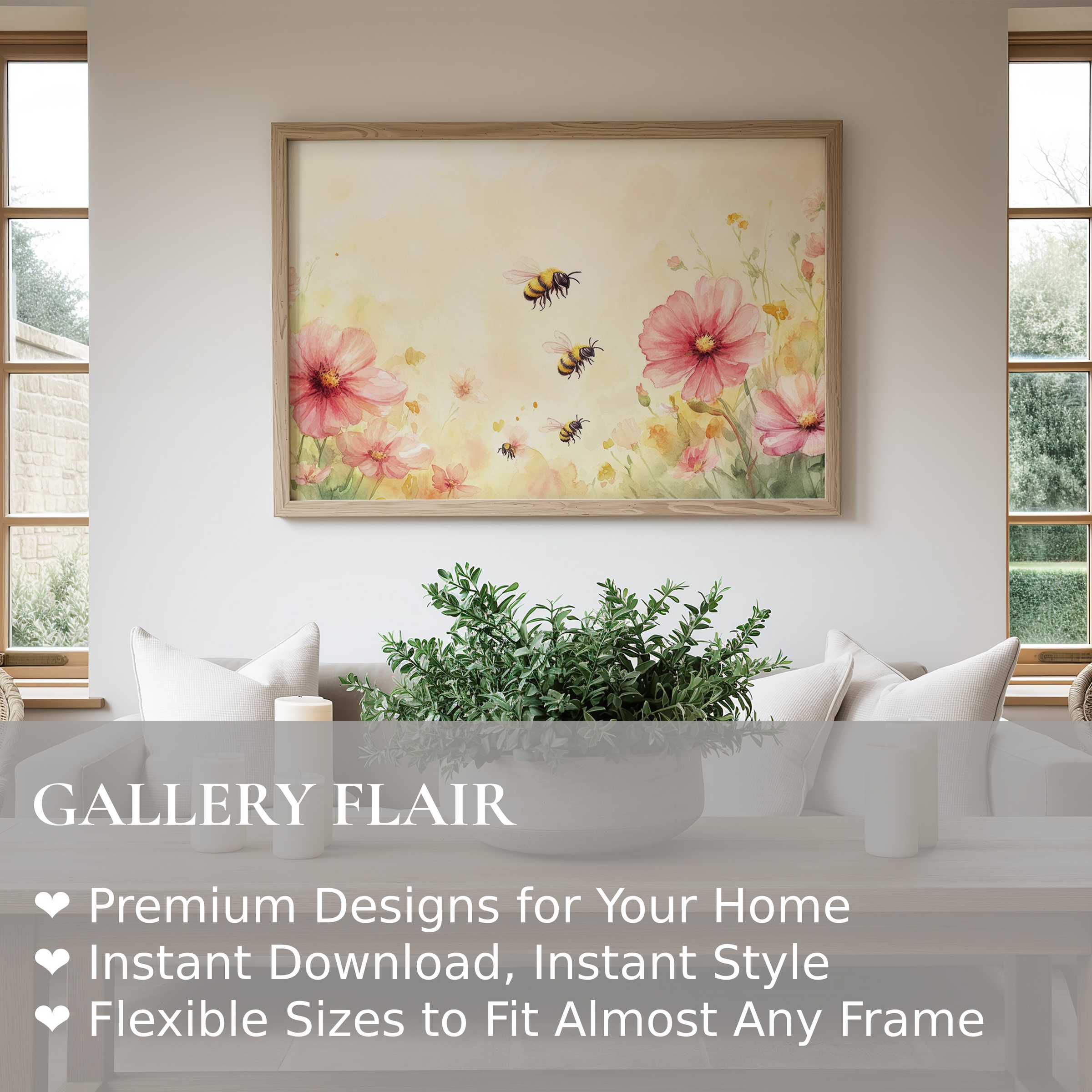 Nursery wall art print with soft watercolor bees and pink blooms, radiating calming, natural charm in a modern, serene nursery