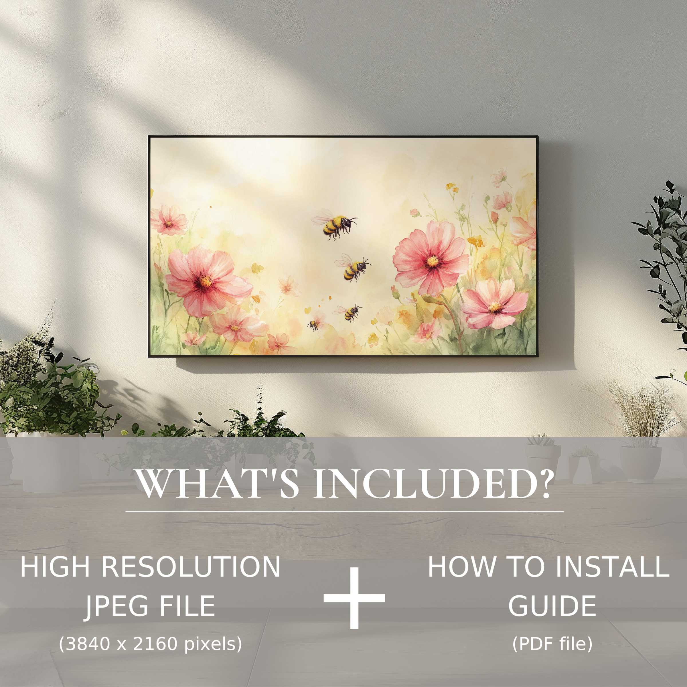 Elegant nursery digital TV art download with soft floral bees, easy digital use enhances modern living spaces