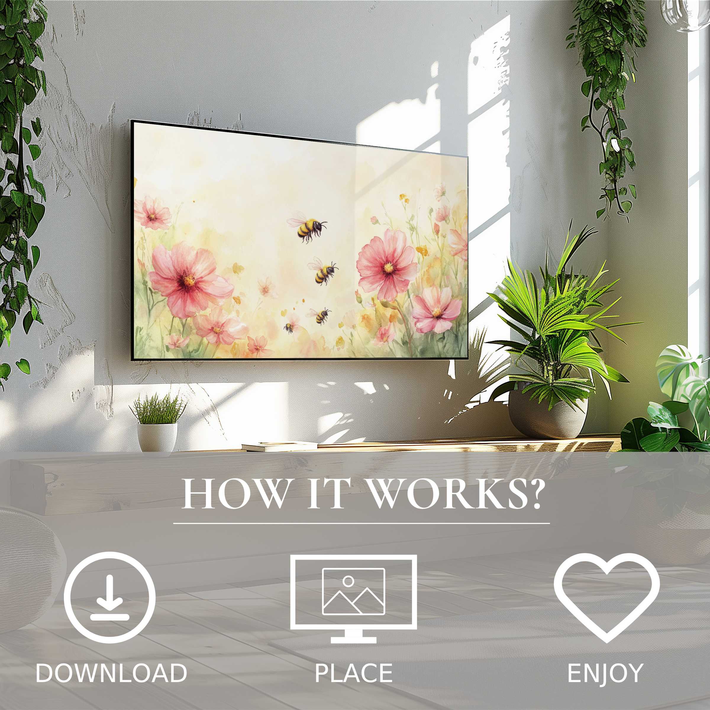Nursery art for Samsung TV: soft sunset tones with flowers and bees, easy digital download, brightens modern living spaces