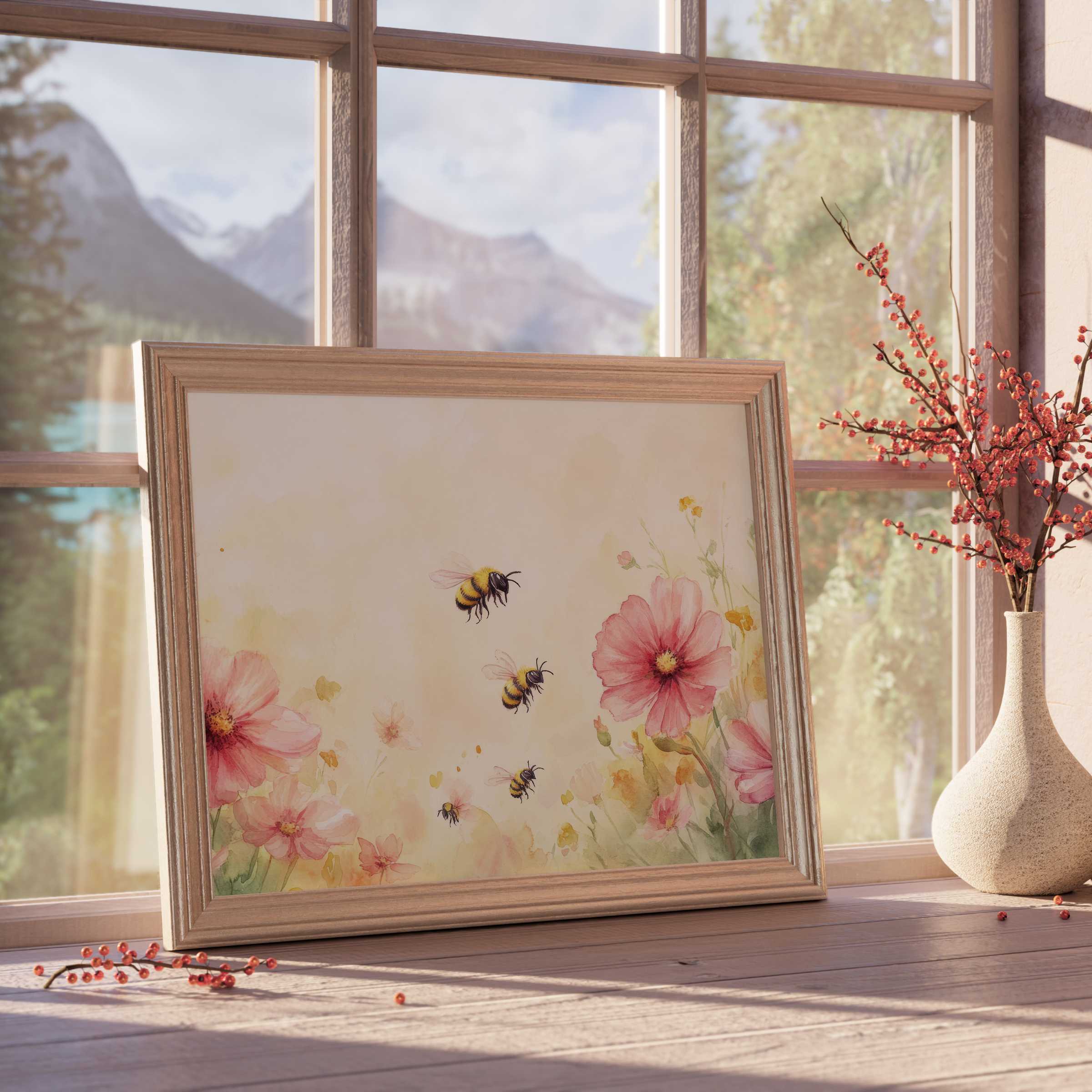 Nursery downloadable art featuring delicate bees and pastel blooms, evoking a serene, nature-inspired ambiance for tranquil, curated interiors