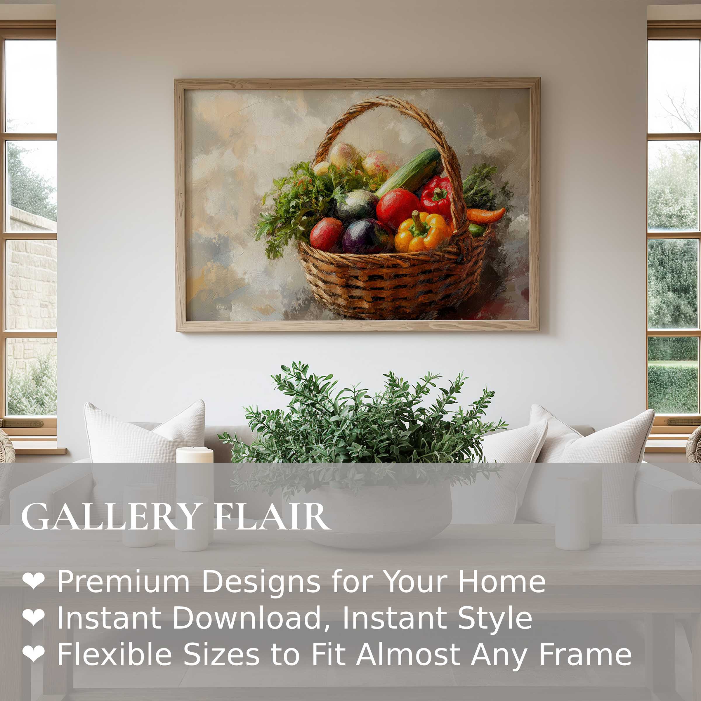 Farmhouse wall art print of a vibrant vegetable basket, adding warm, rustic charm to a modern, bright living space