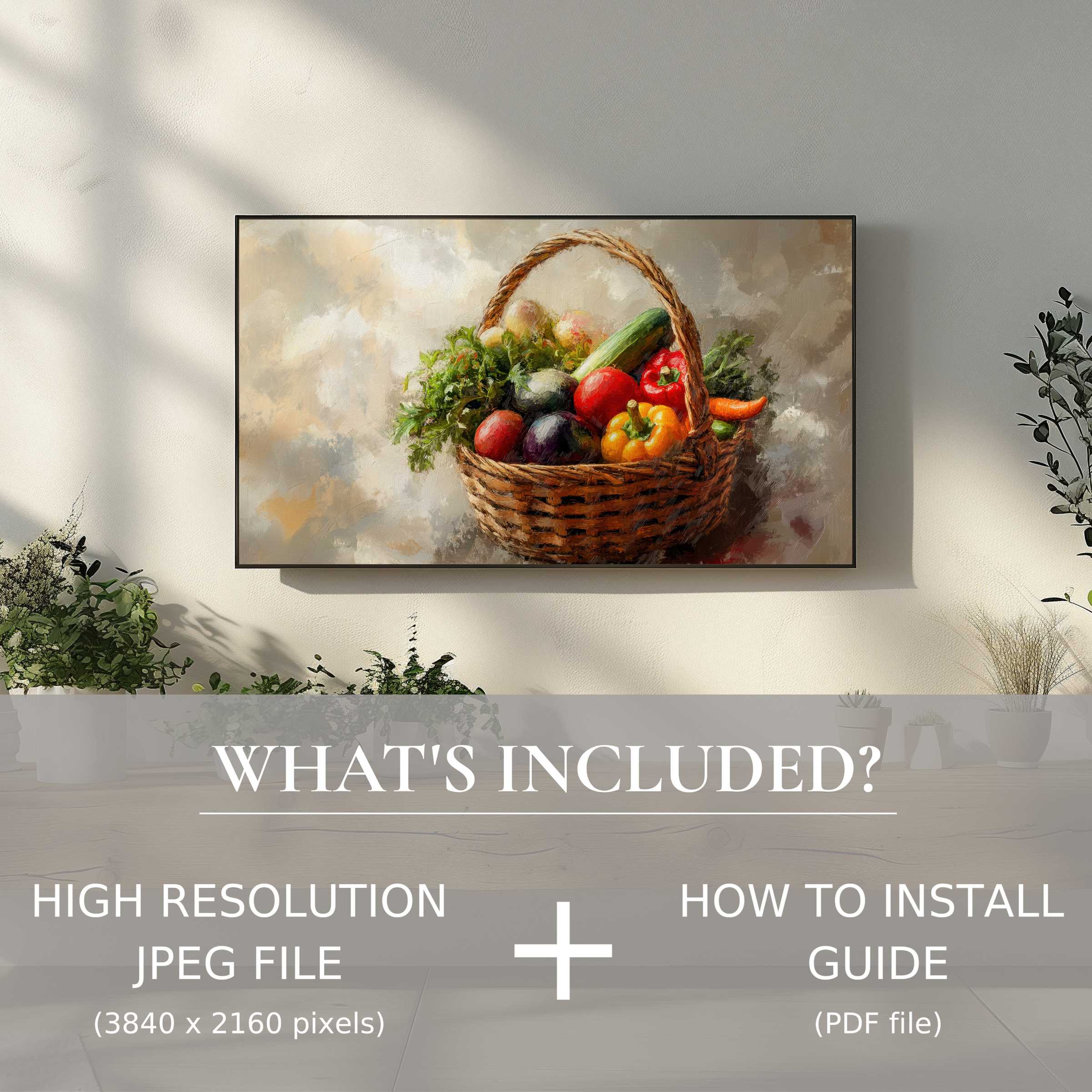 Elegant farmhouse digital TV art download featuring a vibrant vegetable basket, enhancing your living space with ease