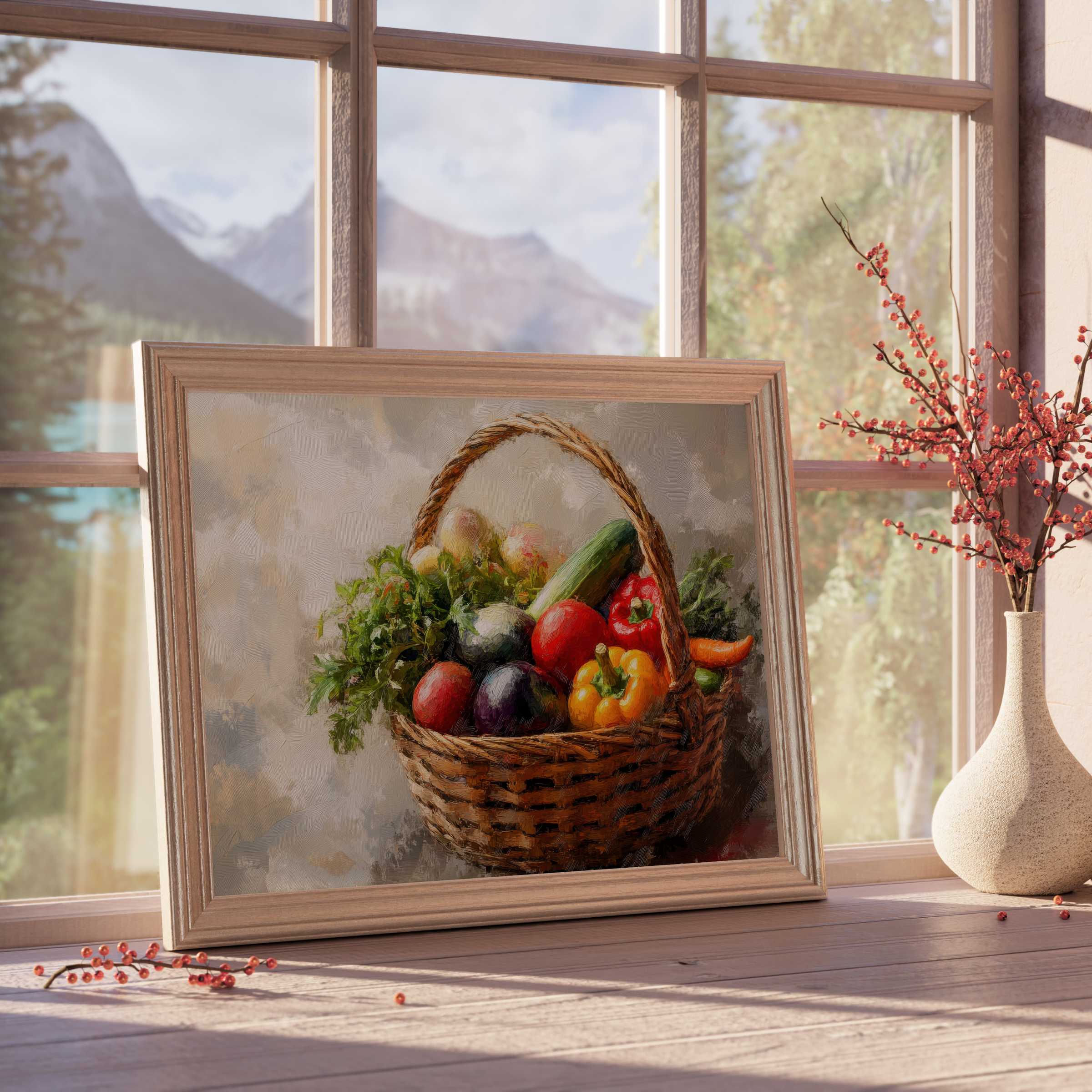 Farmhouse downloadable art featuring a vibrant basket of fresh vegetables, evoking warm, rustic charm for curated, tranquil interiors