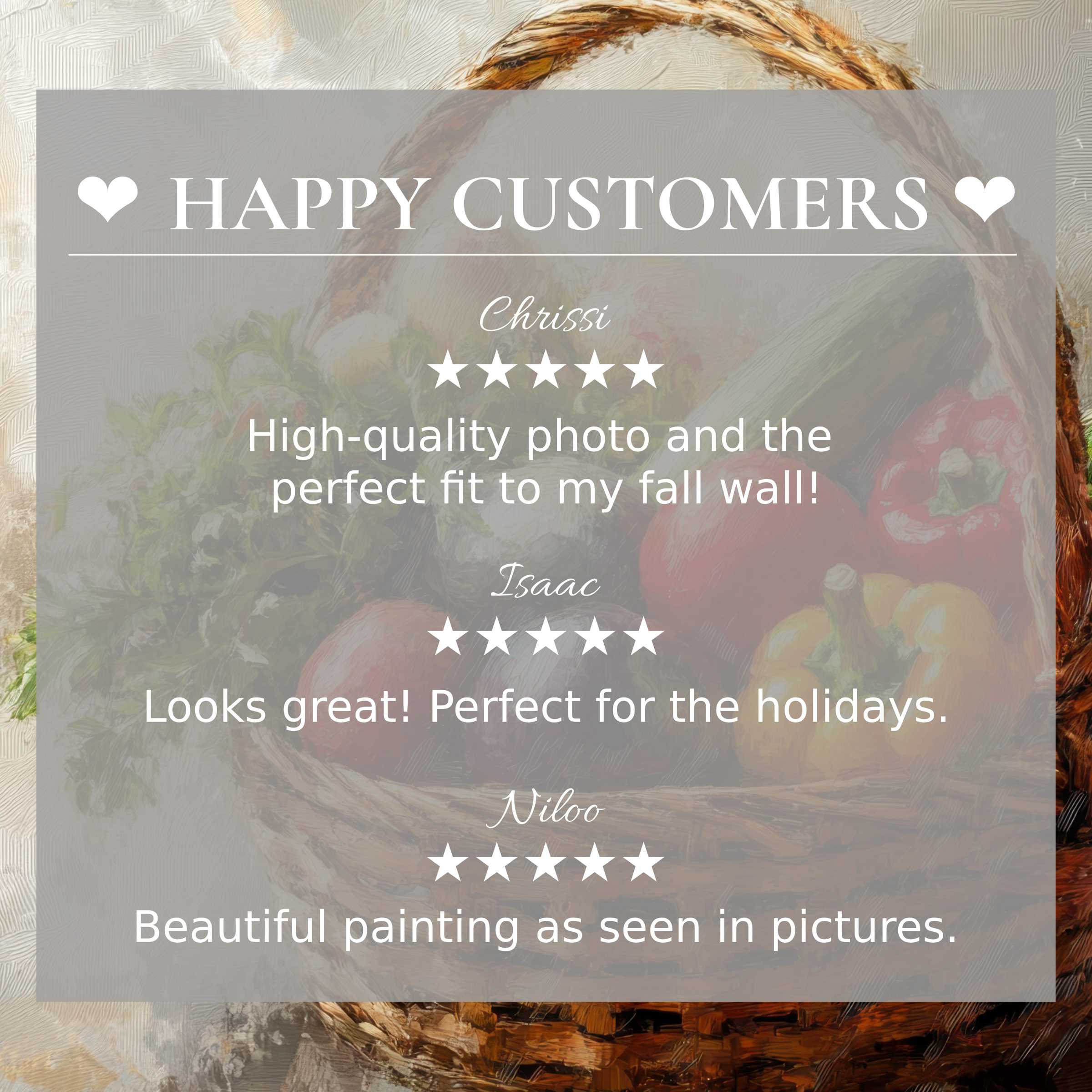 Farmhouse art for Frame TV with abstract basket of vegetables, showcasing happy customer reviews and trust