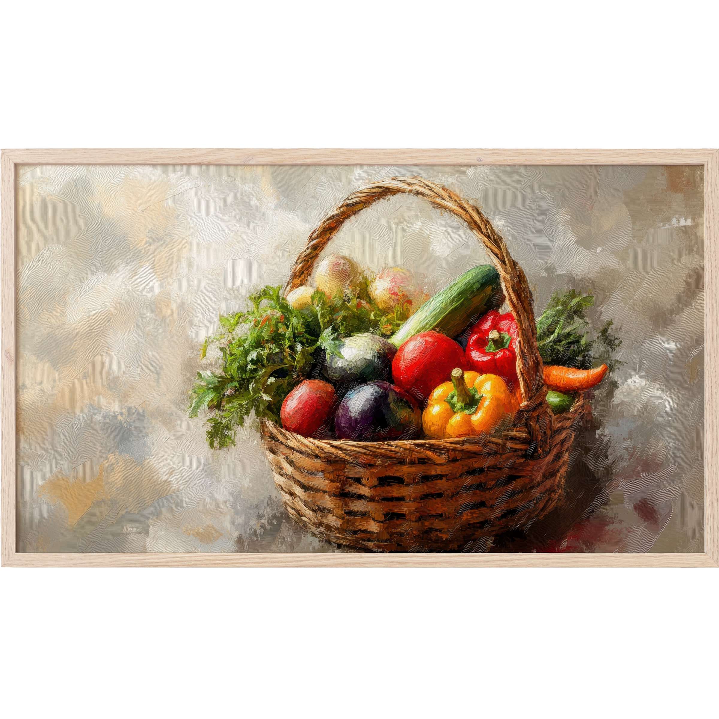Farmhouse Frame TV Art showcasing a rustic basket of vibrant vegetables in soft, muted earthy tones