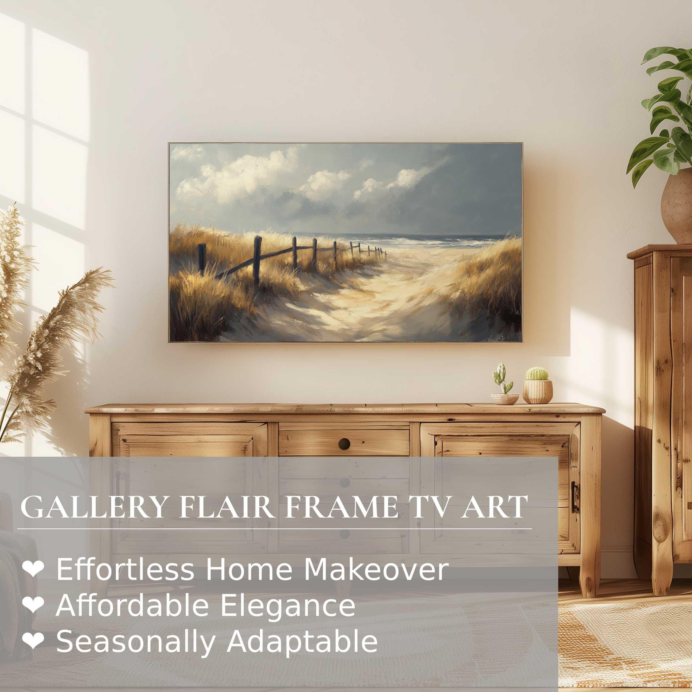 Samsung Frame TV displaying tranquil beach digital artwork in a warm, modern room with natural wood tones