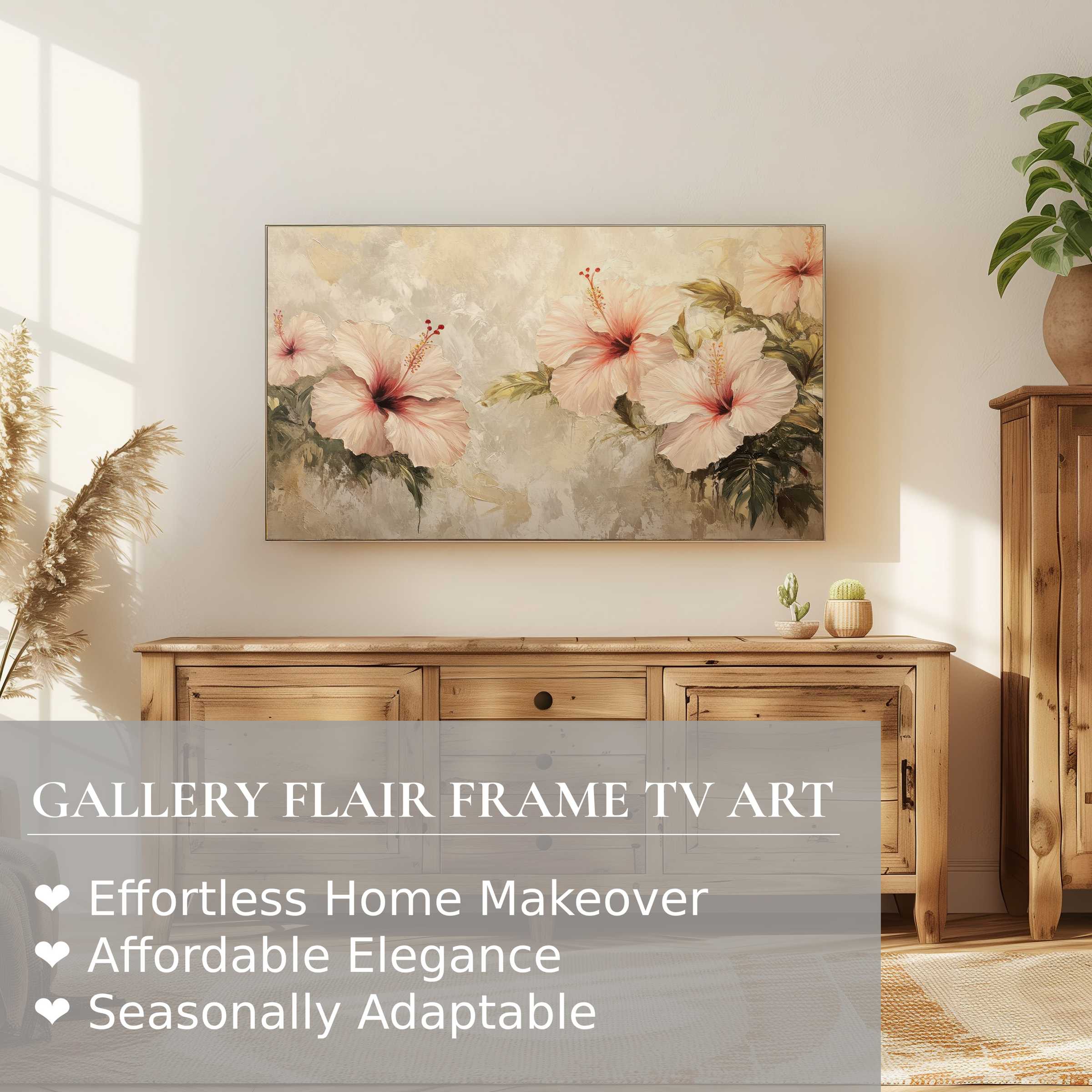 Samsung Frame TV displays refined botanical digital artwork in a serene, modern living space with natural wood accents