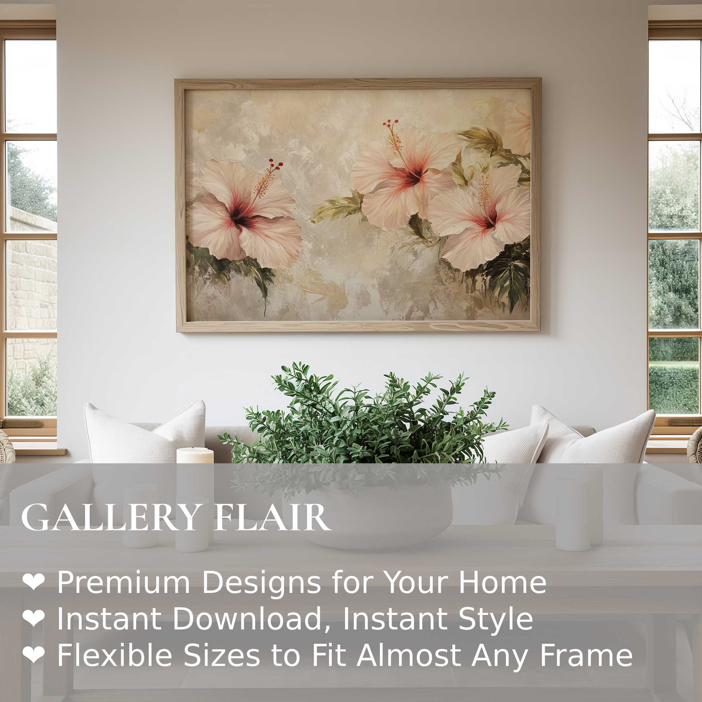 Botanical wall art print featuring soft, radiant hibiscus blooms in a serene, modern living room, adding natural elegance and calming charm