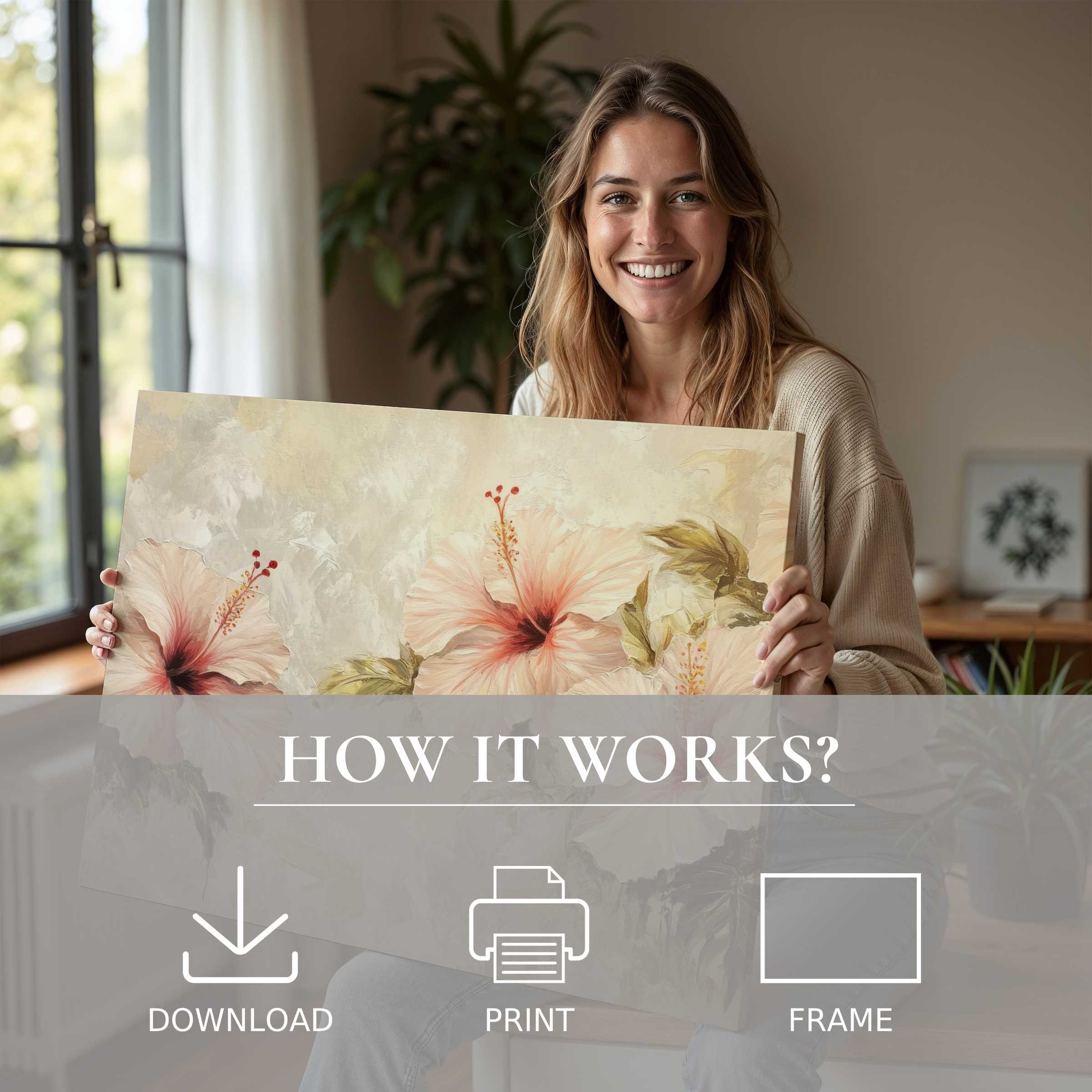 Joyful moment of serene connection as a botanical digital art print brings warmth to a chic, modern home space