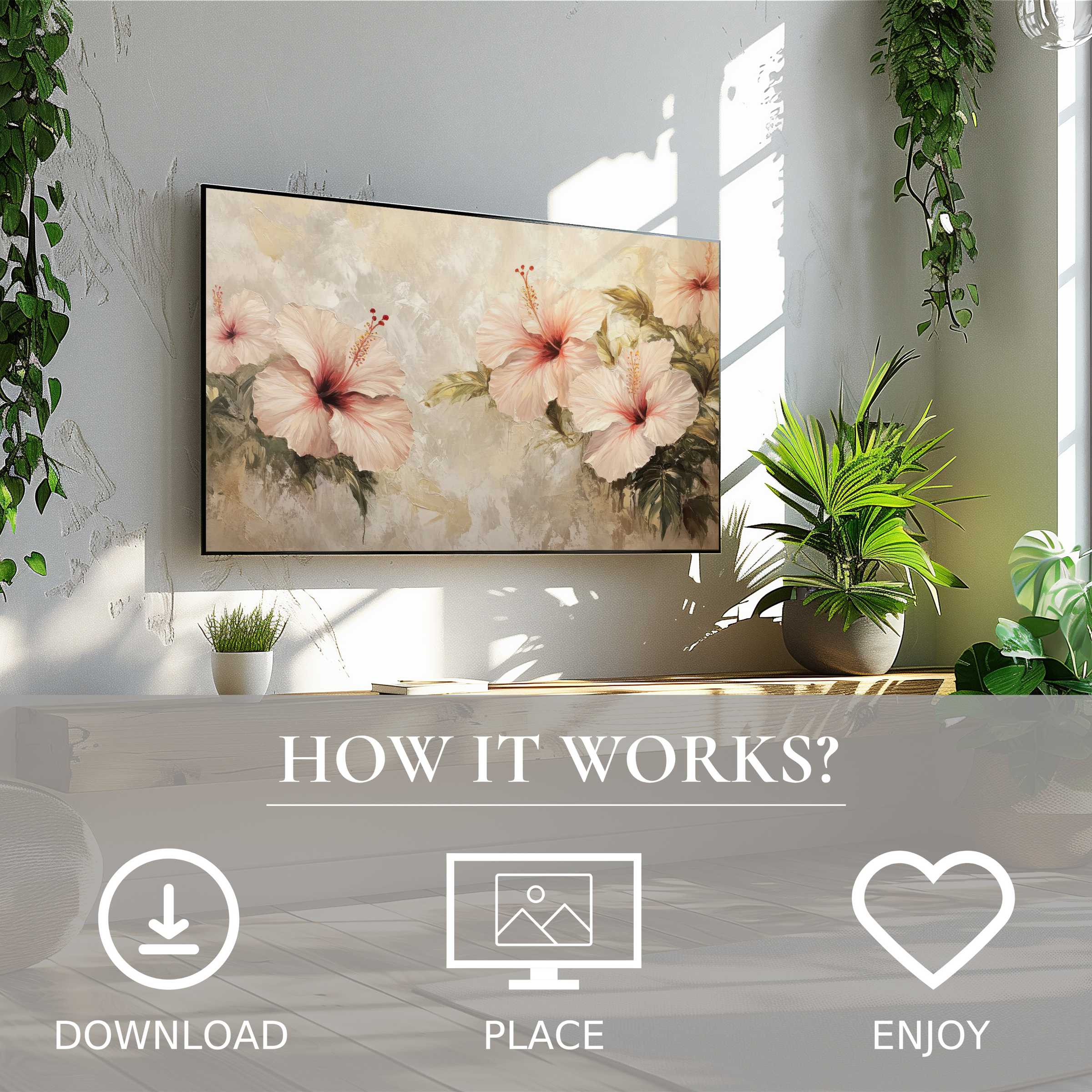 Bright living room with botanical art for Samsung TV showing soft floral tones, easy digital download enhances your space