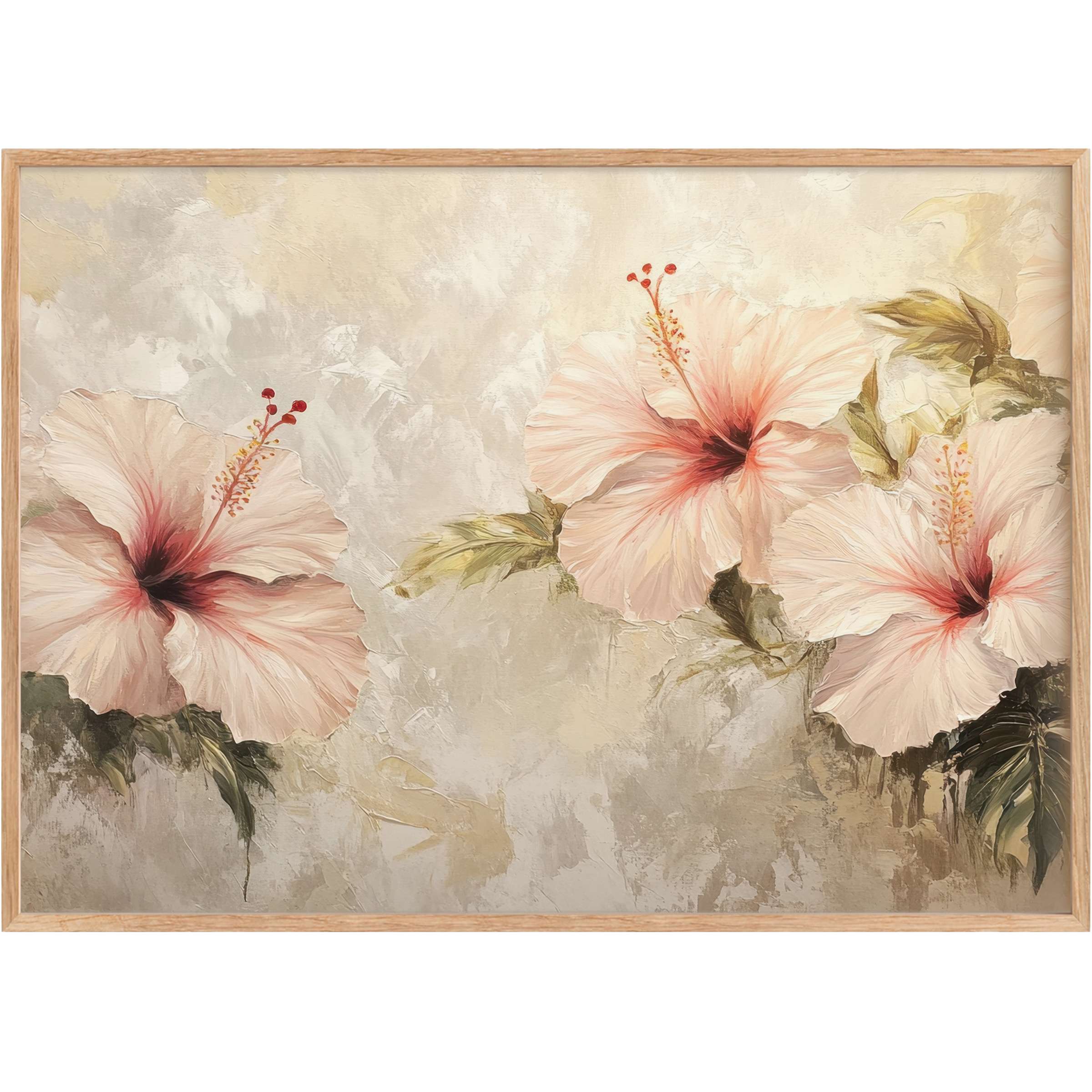 Botanical printable wall art featuring soft pink hibiscus blooms, creating a serene, elegant ambiance with muted beige and green tones