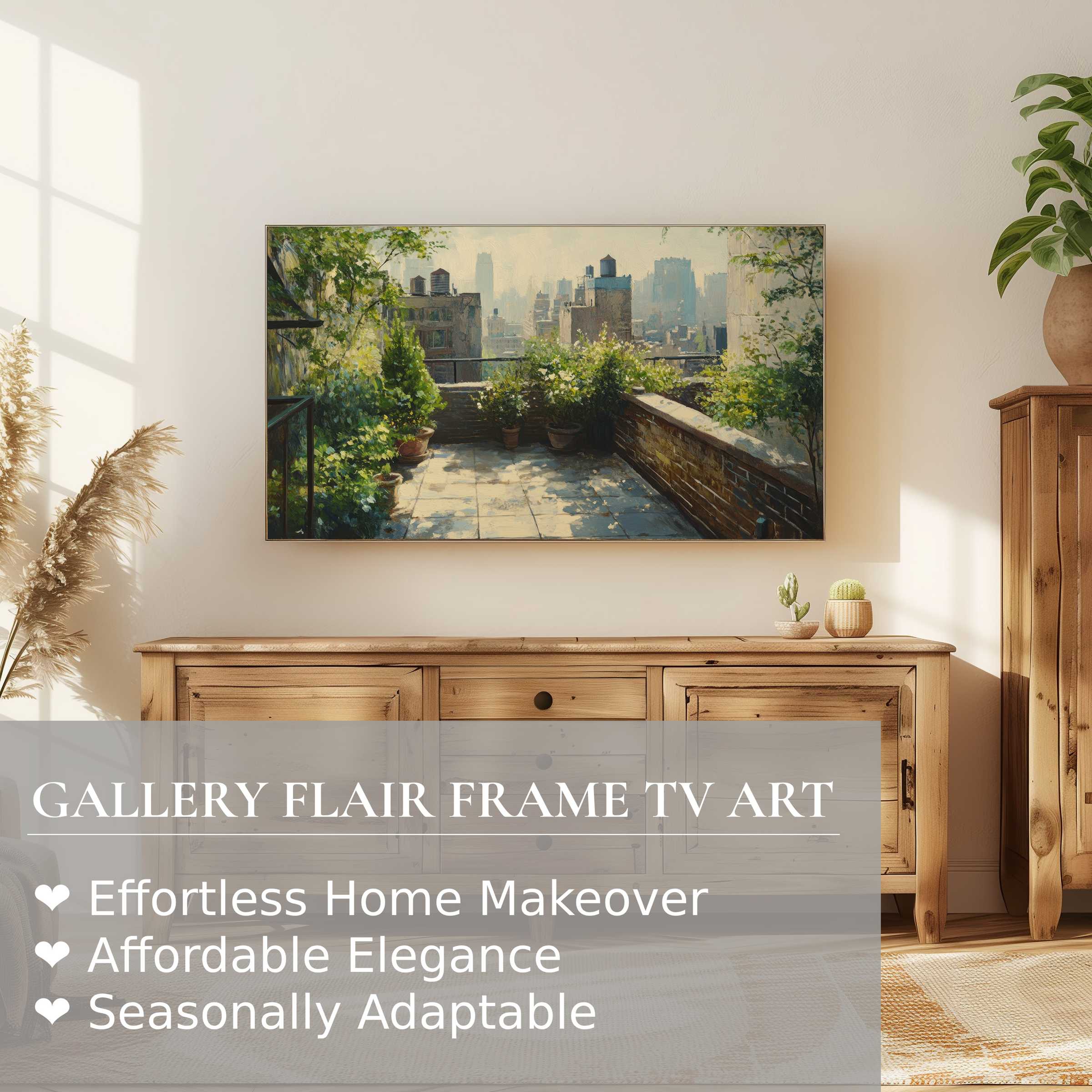 Samsung Frame TV displaying refined urban digital artwork of a sunlit rooftop garden in a modern living space