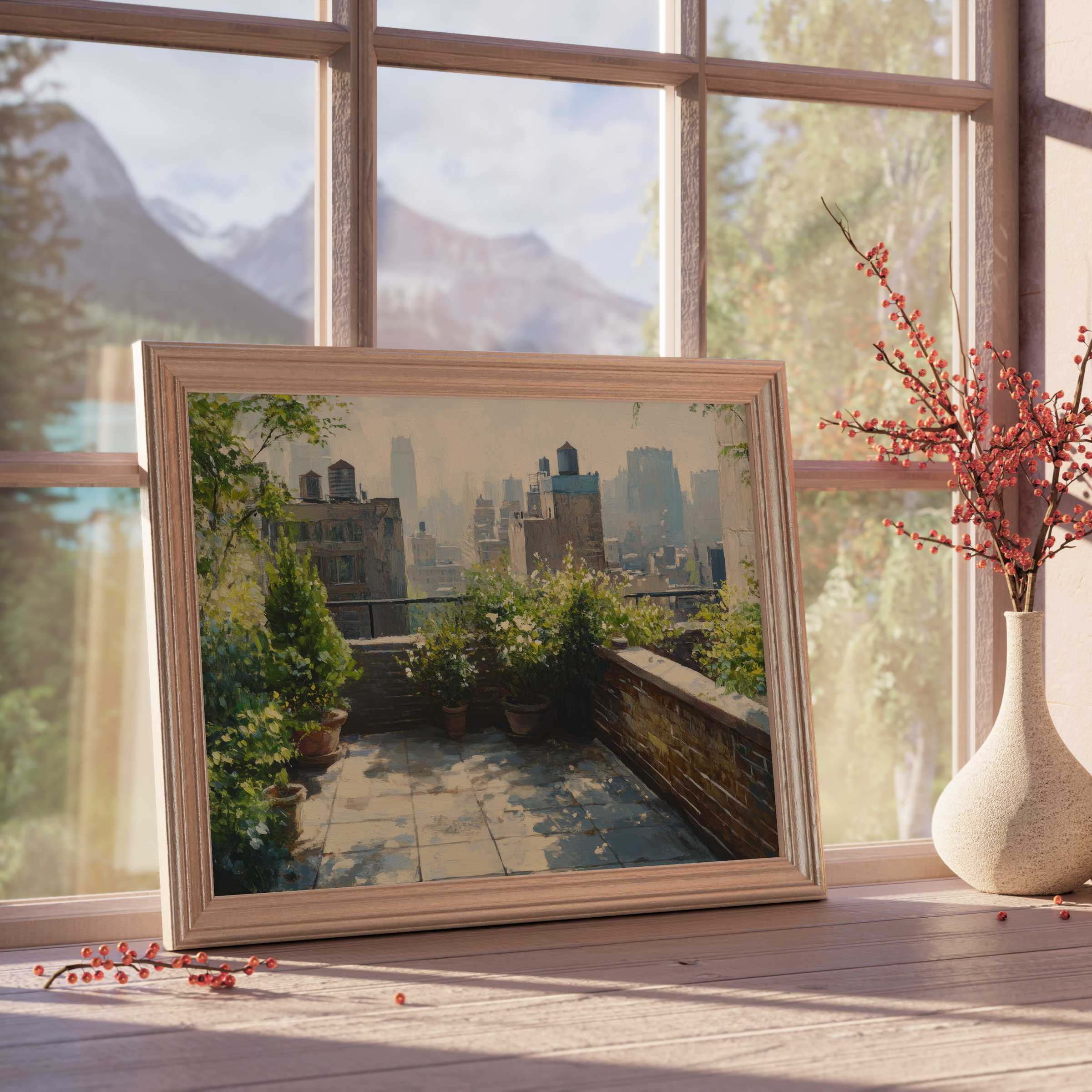 Urban downloadable art capturing serene city rooftop tranquility, blending lush greenery with moody skyline for refined, modern interiors