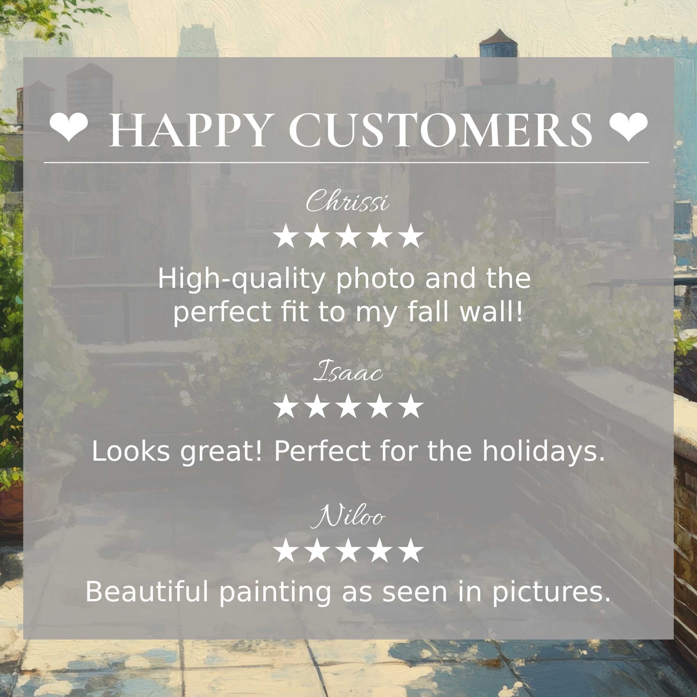 Urban art for Frame TV with abstract green cityscape, showcasing happy customer reviews and refined elegance