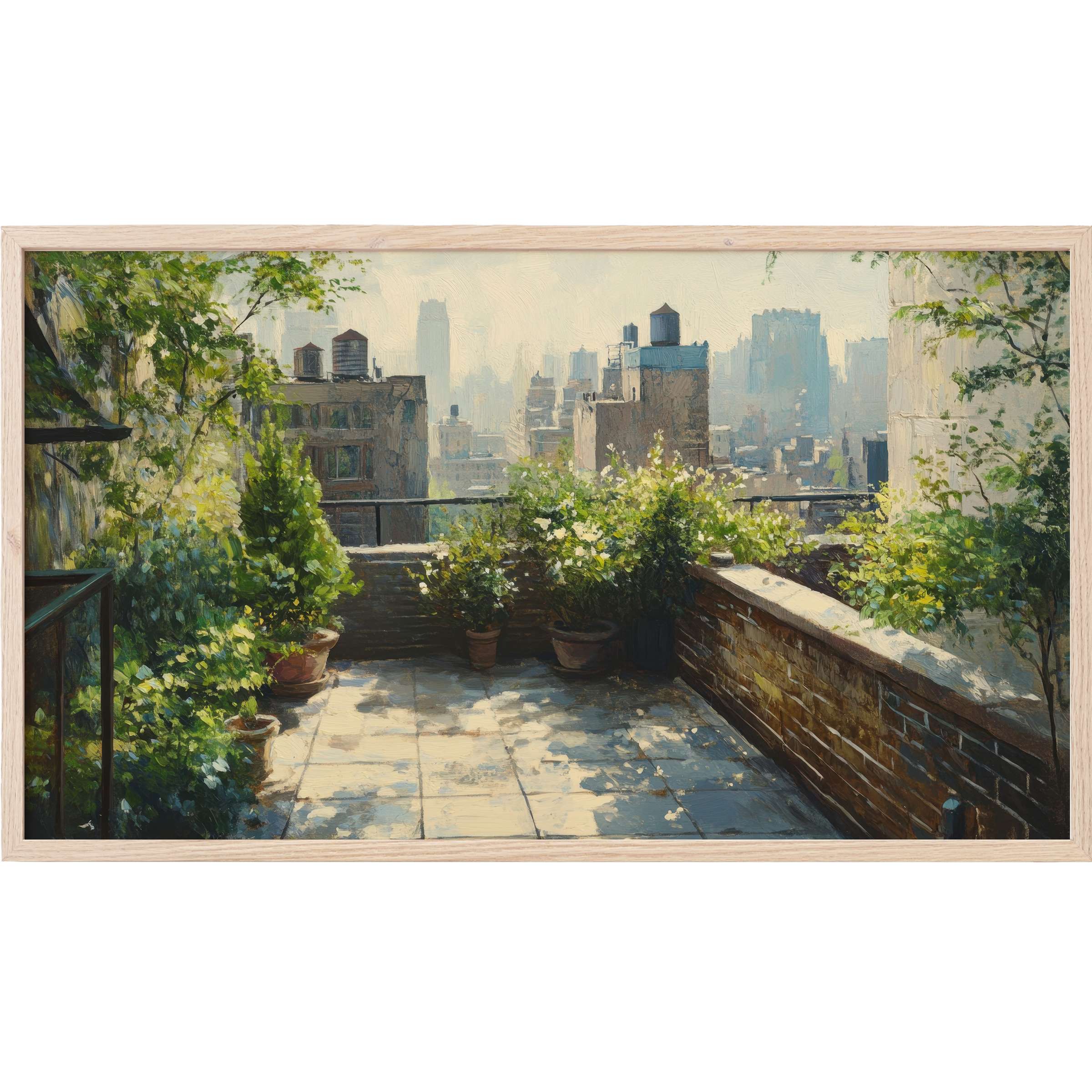 Serene rooftop garden bathed in soft sunlight with lush greenery and cityscape backdrop, urban Frame TV Art