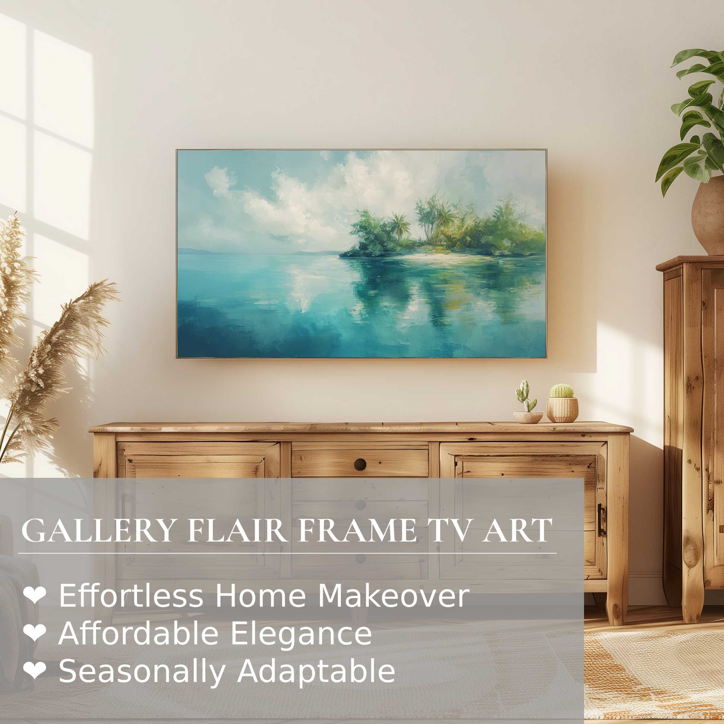 Samsung Frame TV displays serene coastal digital artwork in a modern, warm, and elegant living space setting