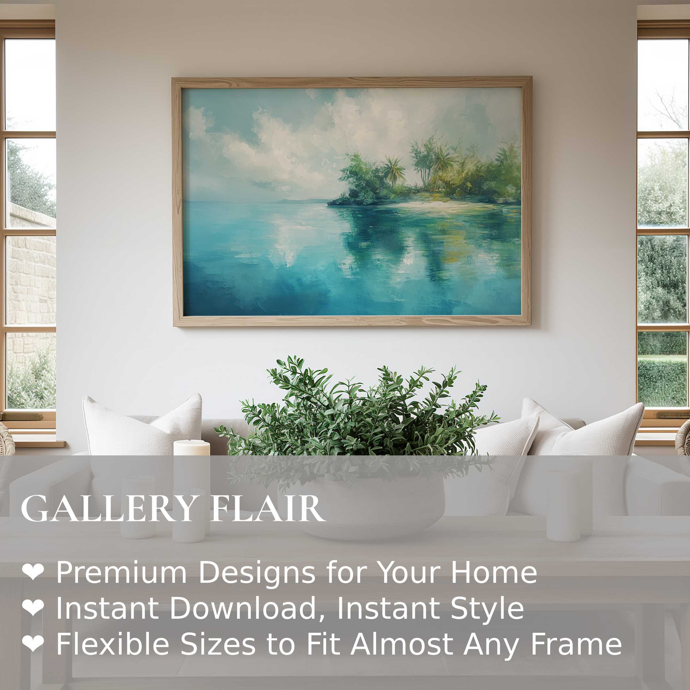 Coastal wall art print with serene turquoise waters and lush island foliage, elevating modern minimalist interiors with calming ocean vibes