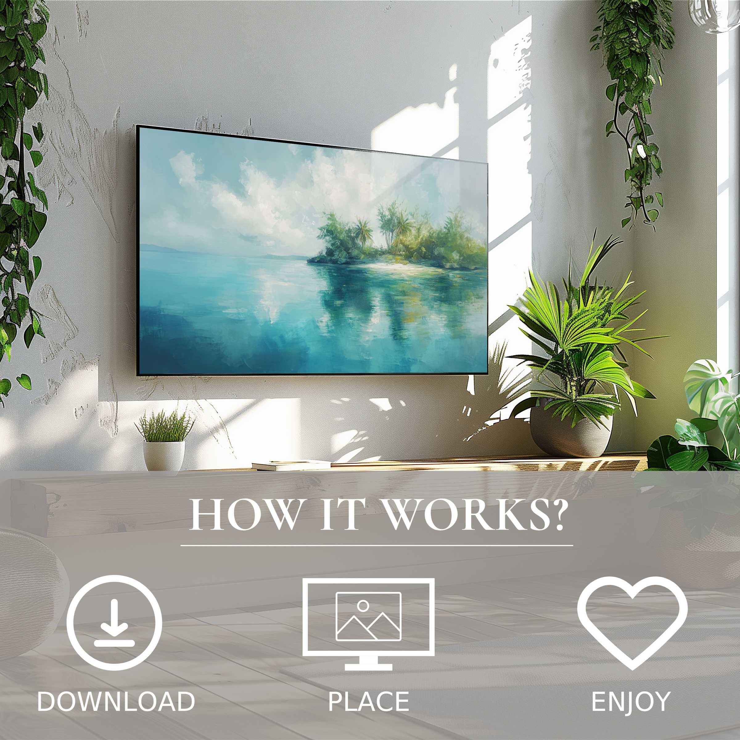 Coastal art for Samsung TV showing soft ocean blues and green tones, easy digital download enriches modern living spaces
