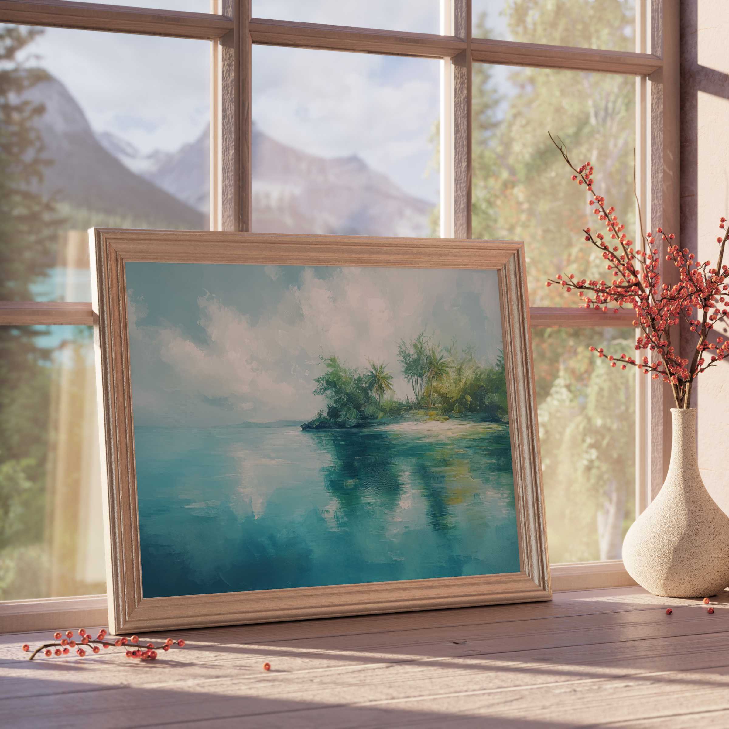 Coastal downloadable art capturing serene turquoise waters and lush greenery, perfect for curated, tranquil interiors