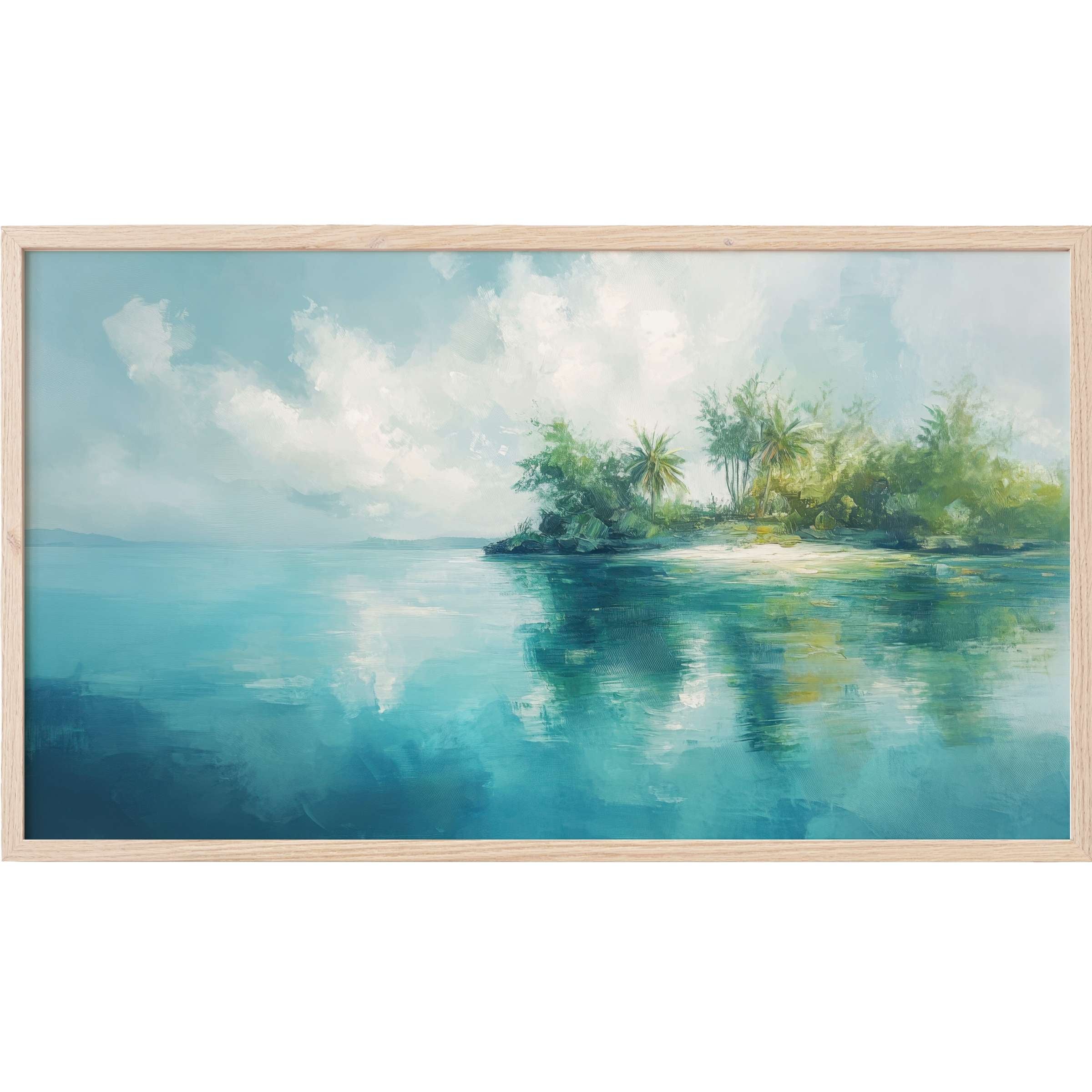 Serene coastal scene with soft blues and greens, delicate brushstrokes, ideal coastal Frame TV Art for modern decor