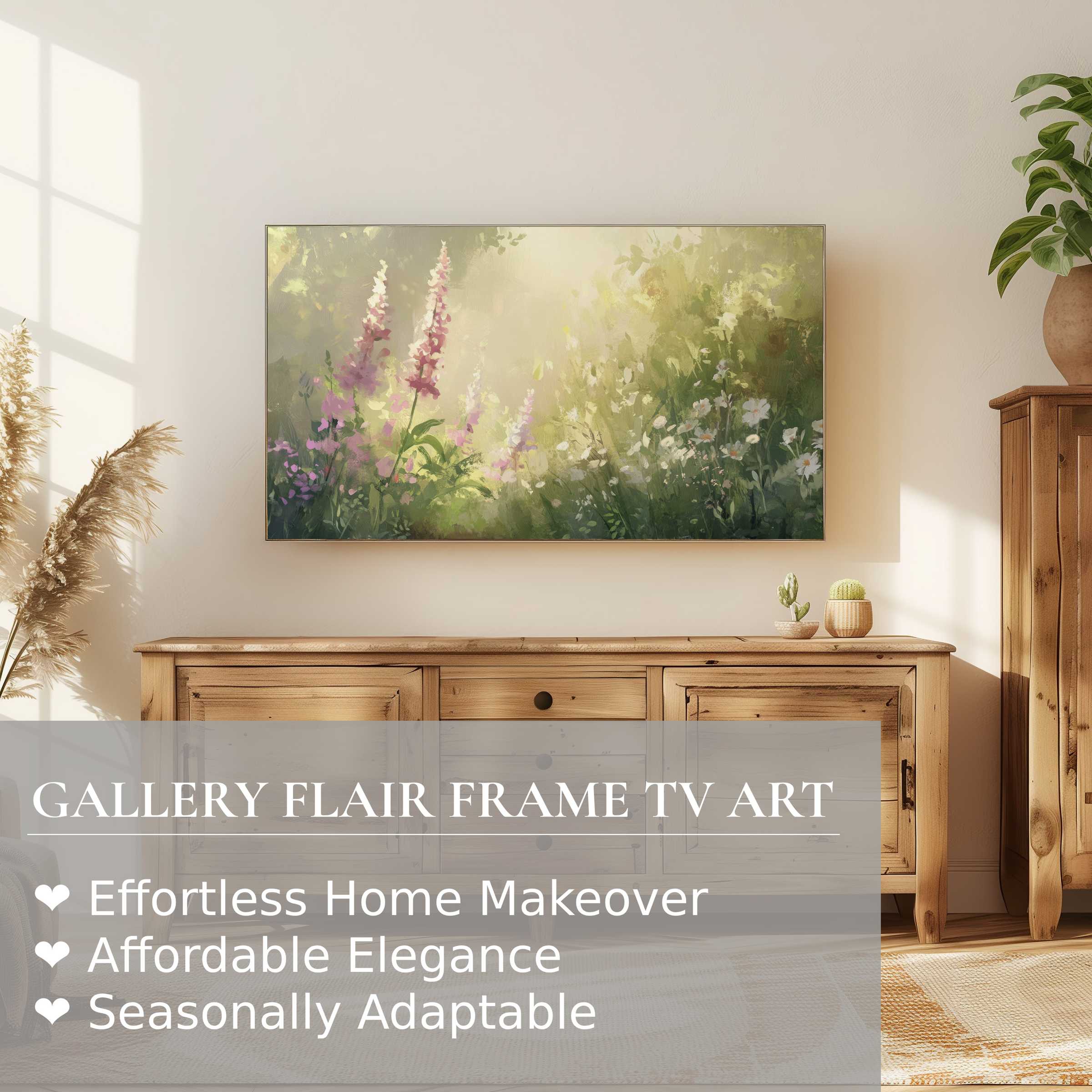 Serene summer digital artwork of blooming flowers on Samsung Frame TV in a warm, elegant natural wood living space