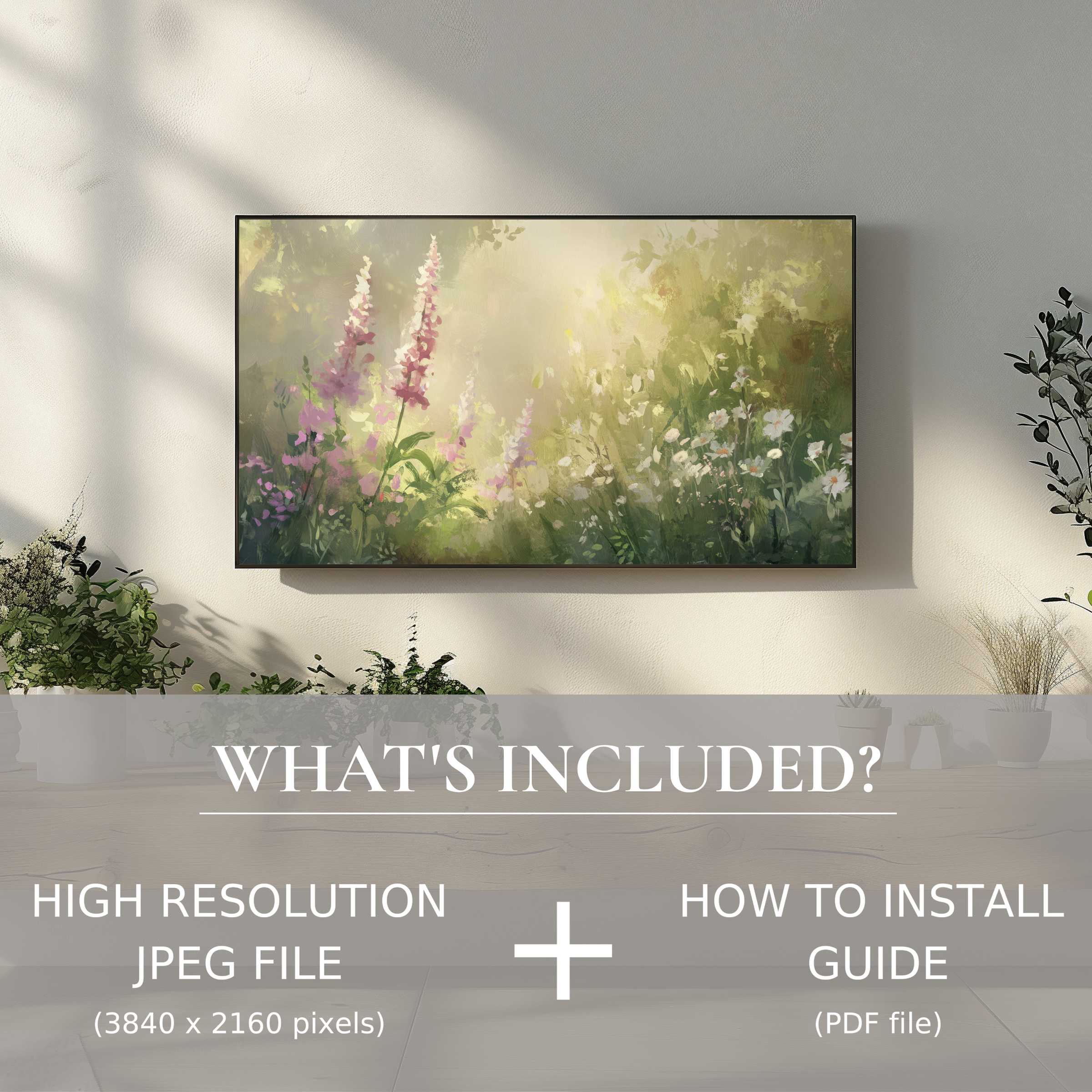 Elegant summer digital TV art download brightens living space with easy digital use, showcasing serene floral beauty