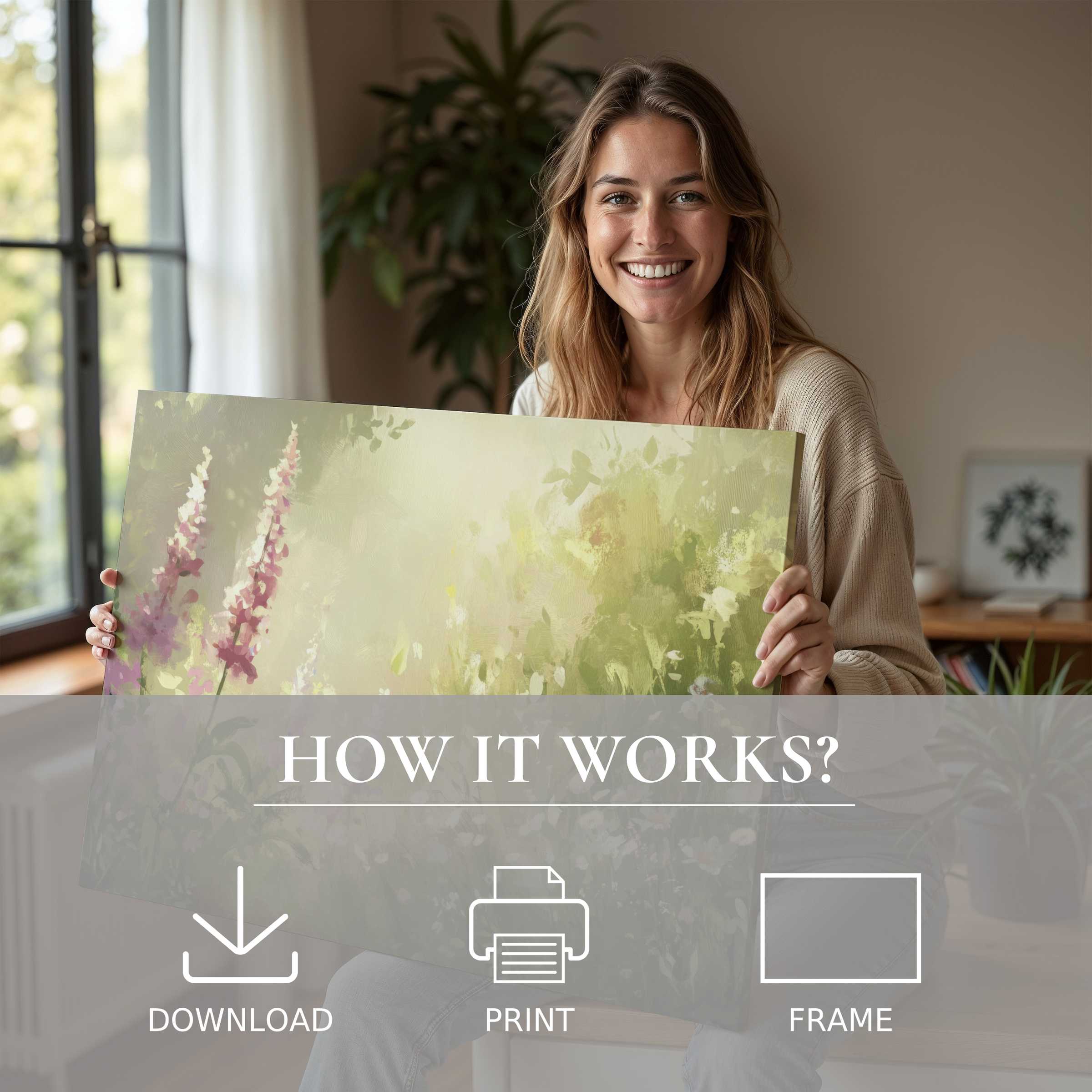 A radiant moment of serene joy as a woman embraces a summer digital art print, embodying effortless elegance in modern living