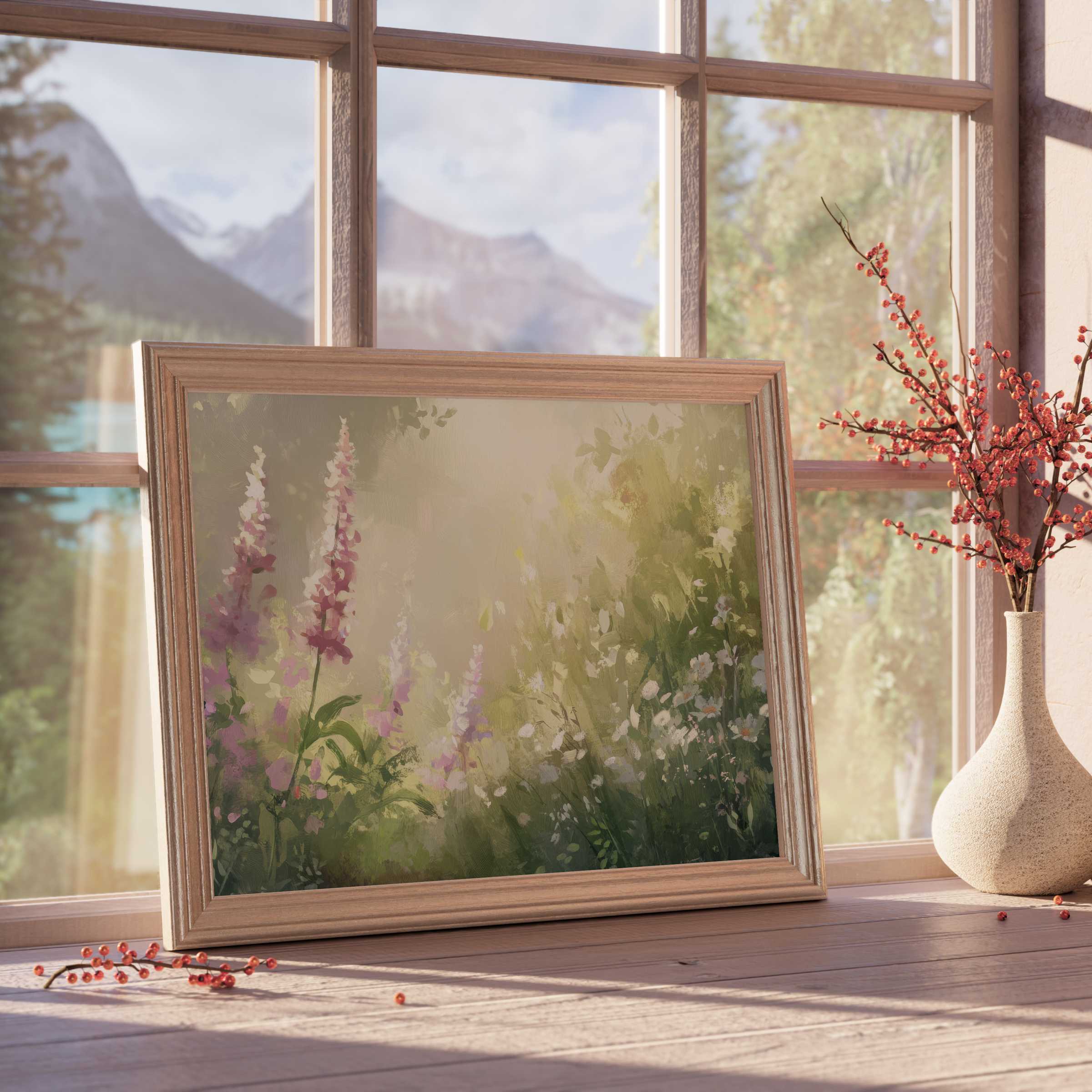 Summer downloadable art capturing soft wildflowers in gentle light, elevating serene, curated interiors with a tranquil, nature-inspired palette