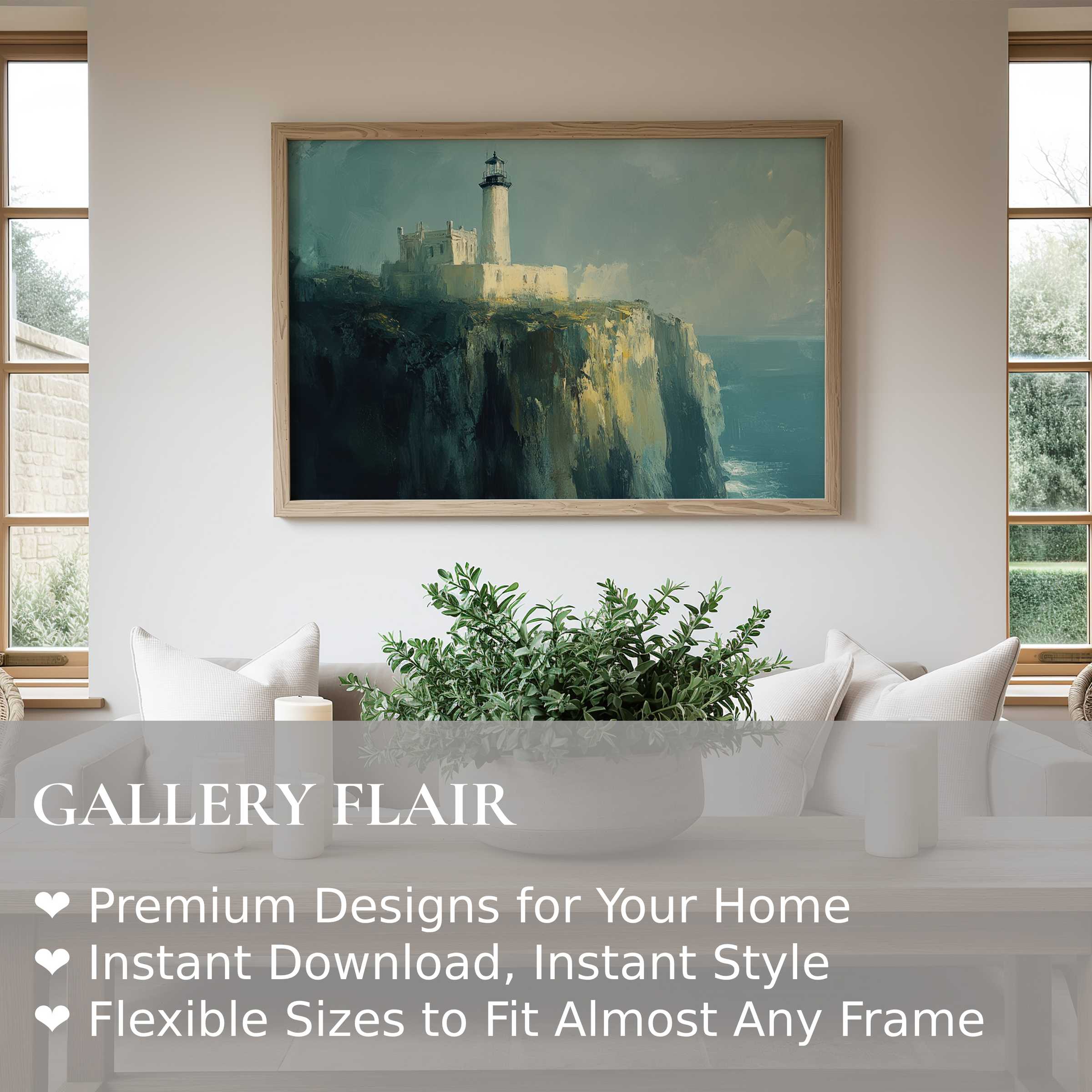 Vintage wall art print of a dramatic lighthouse perched on cliffs, evoking serene coastal charm in a refined modern living space