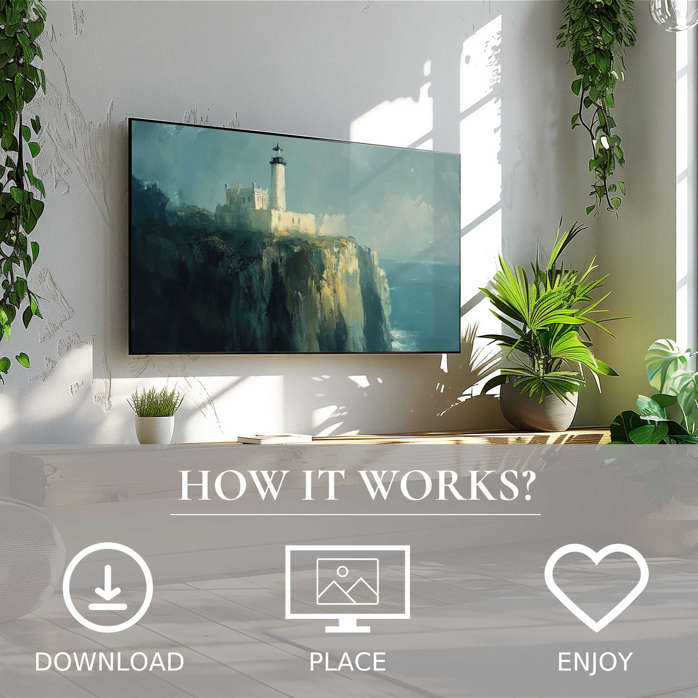 Vintage art for Samsung TV showing serene lighthouse motif in soft blue tones, easy digital download enriching modern spaces