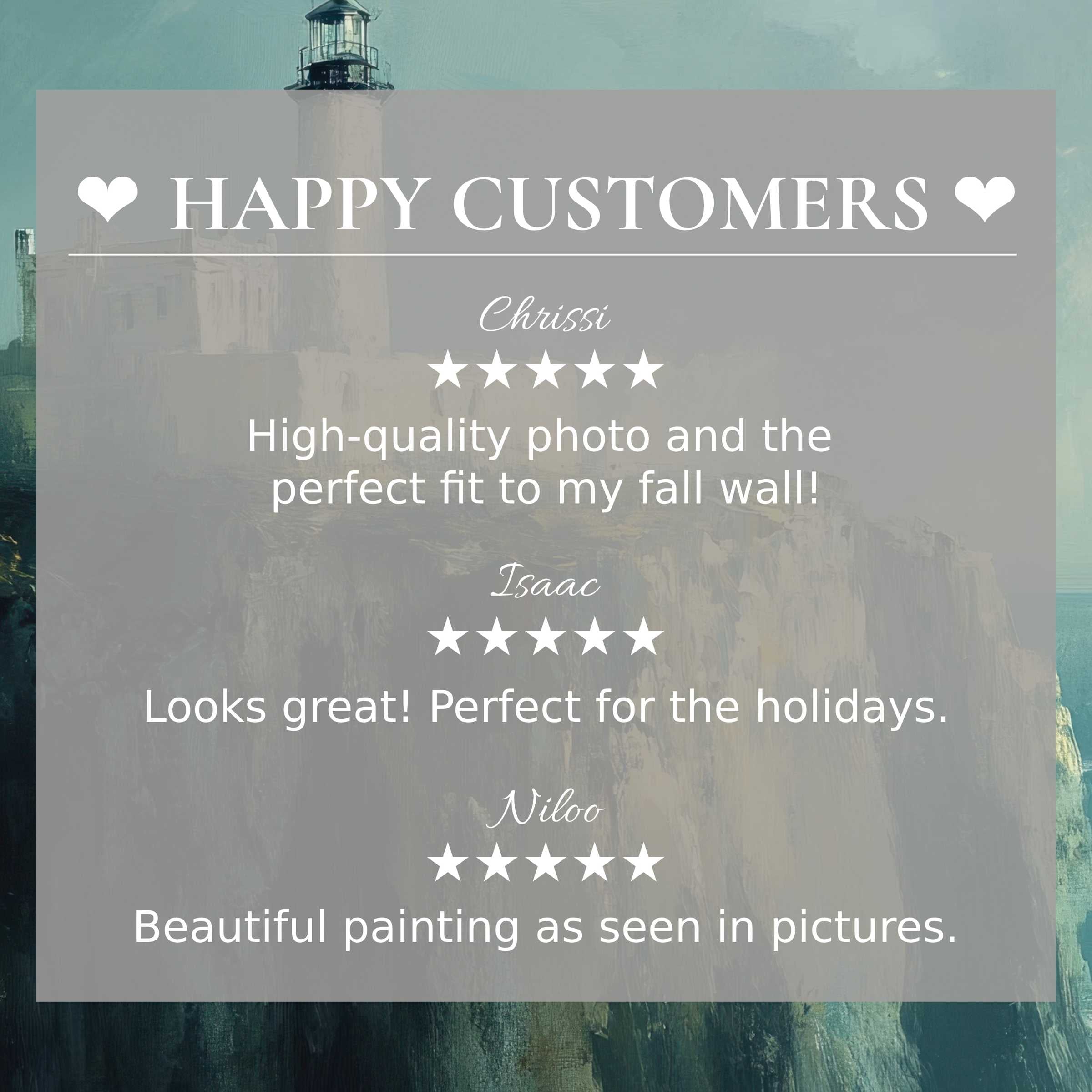 Trustworthy layout with happy customer reviews, vintage art for Frame TV, and serene lighthouse background painting