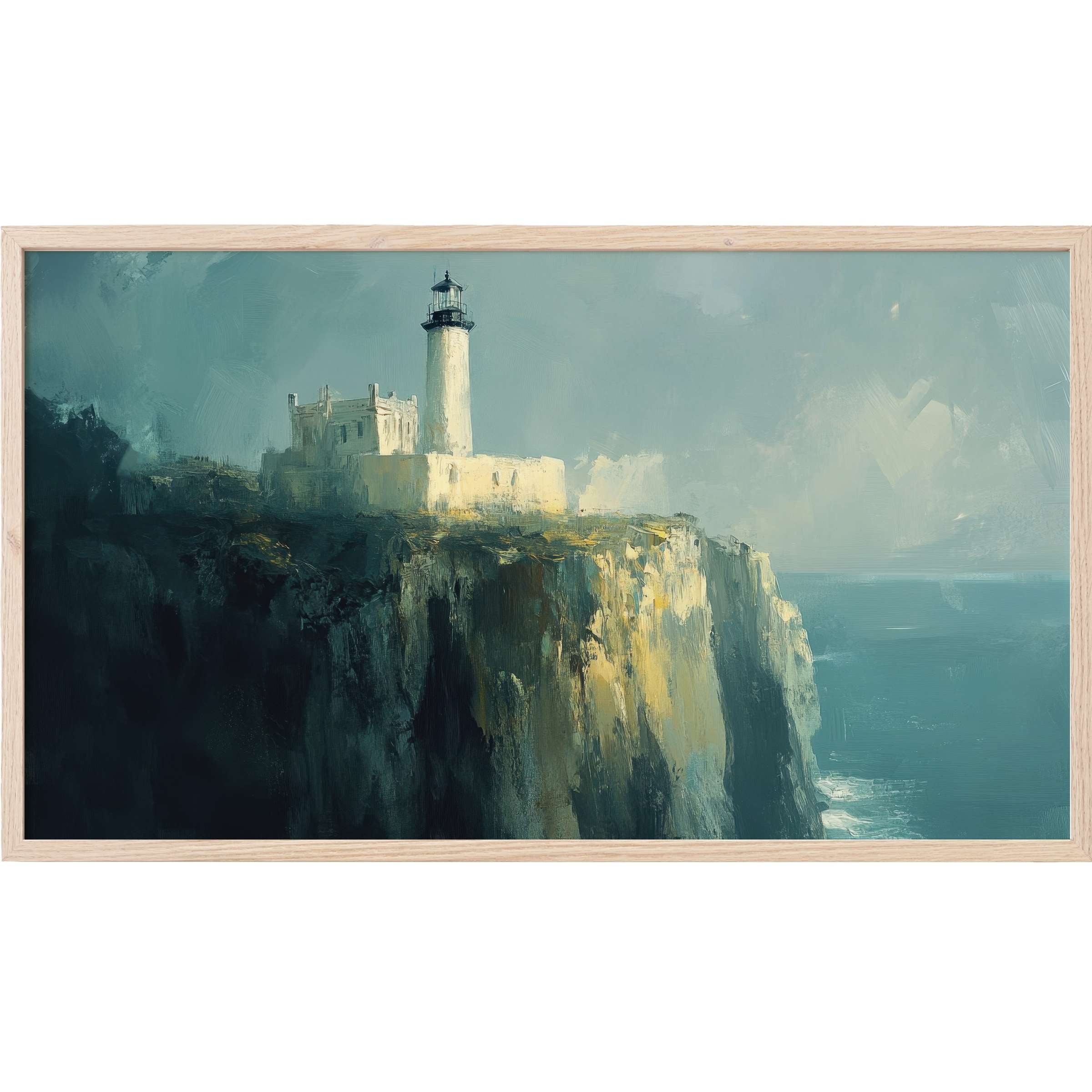 Moody coastal lighthouse in muted blues and ochres, textured brushstrokes inspire calm; vintage Frame TV Art