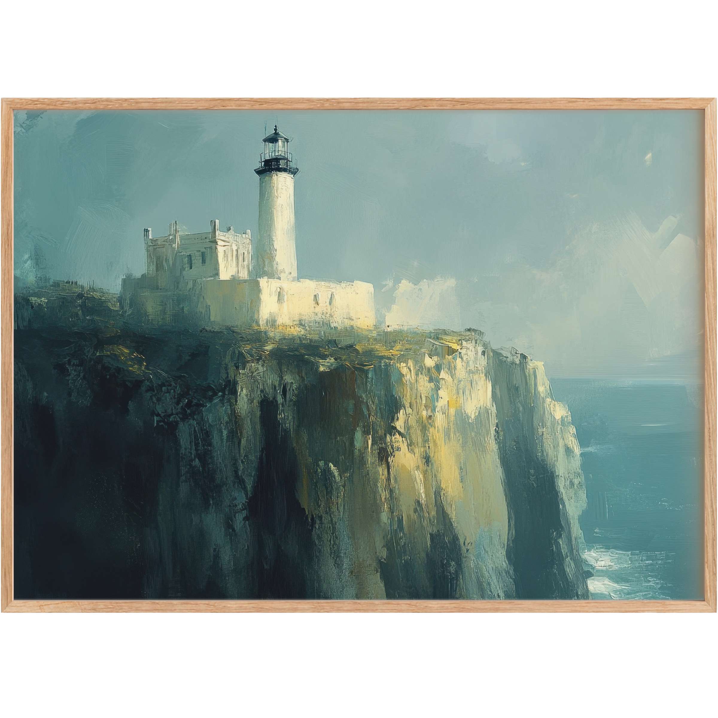 Vintage printable wall art capturing a serene lighthouse atop sunlit cliffs, evoking tranquil coastal elegance with soft blues and warm ochres