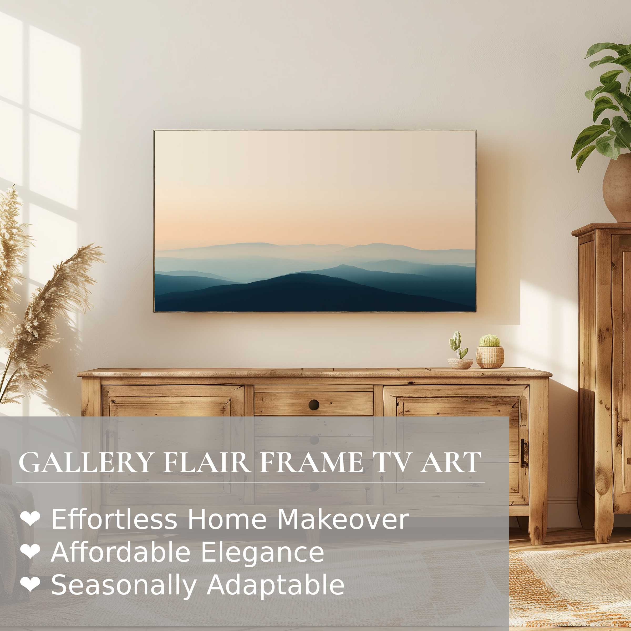 Samsung Frame TV showcasing serene modern digital artwork in a warm, minimalist living space with natural wood accents