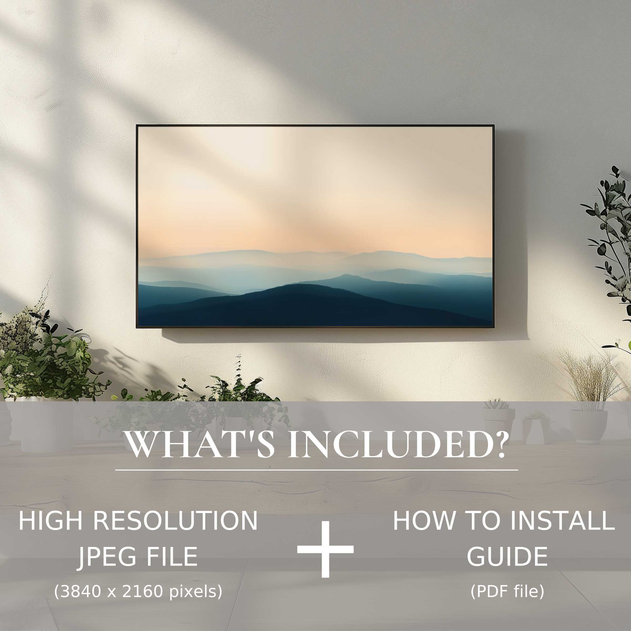 Modern digital TV art download with serene landscape enhances living space; easy digital use and sleek, stylish decor